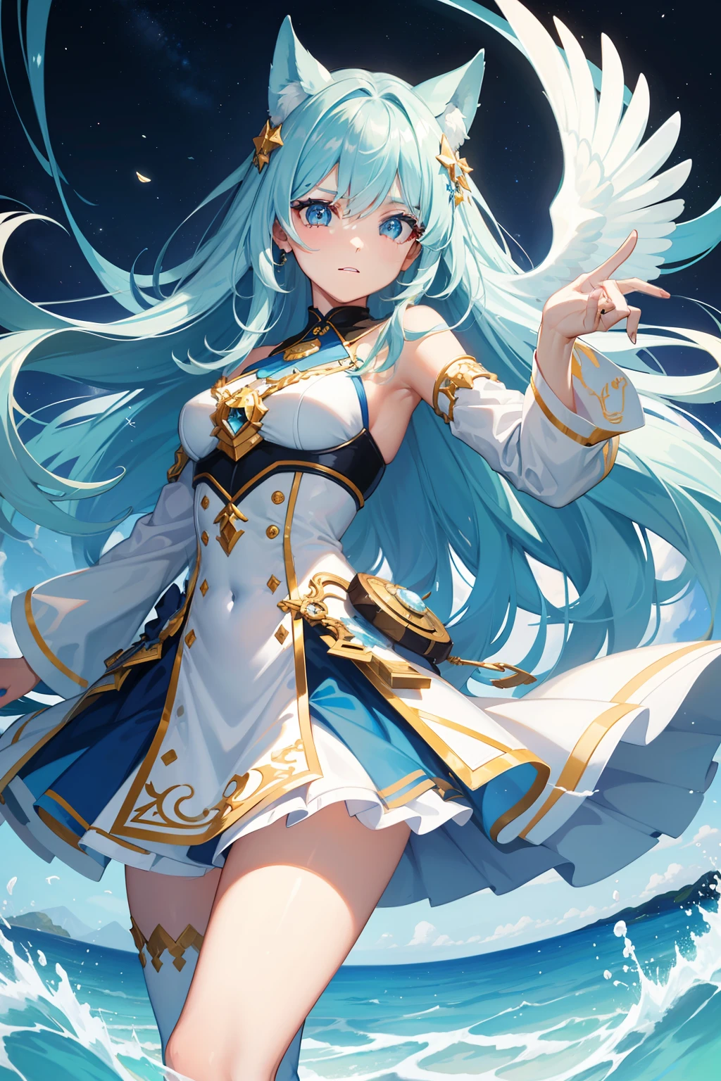 (tmasterpiece,top-quality,top-quality,The face is super cute,s girl,Melon Seed Face,offcial art,Beauty and aesthetics:1.2),(1个Giant Breast Girl:1.3),rays of sunshine,sandbeach,beach side,独奏,angelicales,Buatigarh,breaking,largeeyes,beatiful detailed eyes,Blue colored eyes,blue hairs,long eyelasher,breaking,Be red in the face,breaking,high saturated,breaking,starrysky,Colorful, Skysky, breaking, ssmile, breaking, breaking,long skirt,lighting effects,, white colors, cleanness, cleanness, cleanness, shiny, with light glowing, Frolicking,)