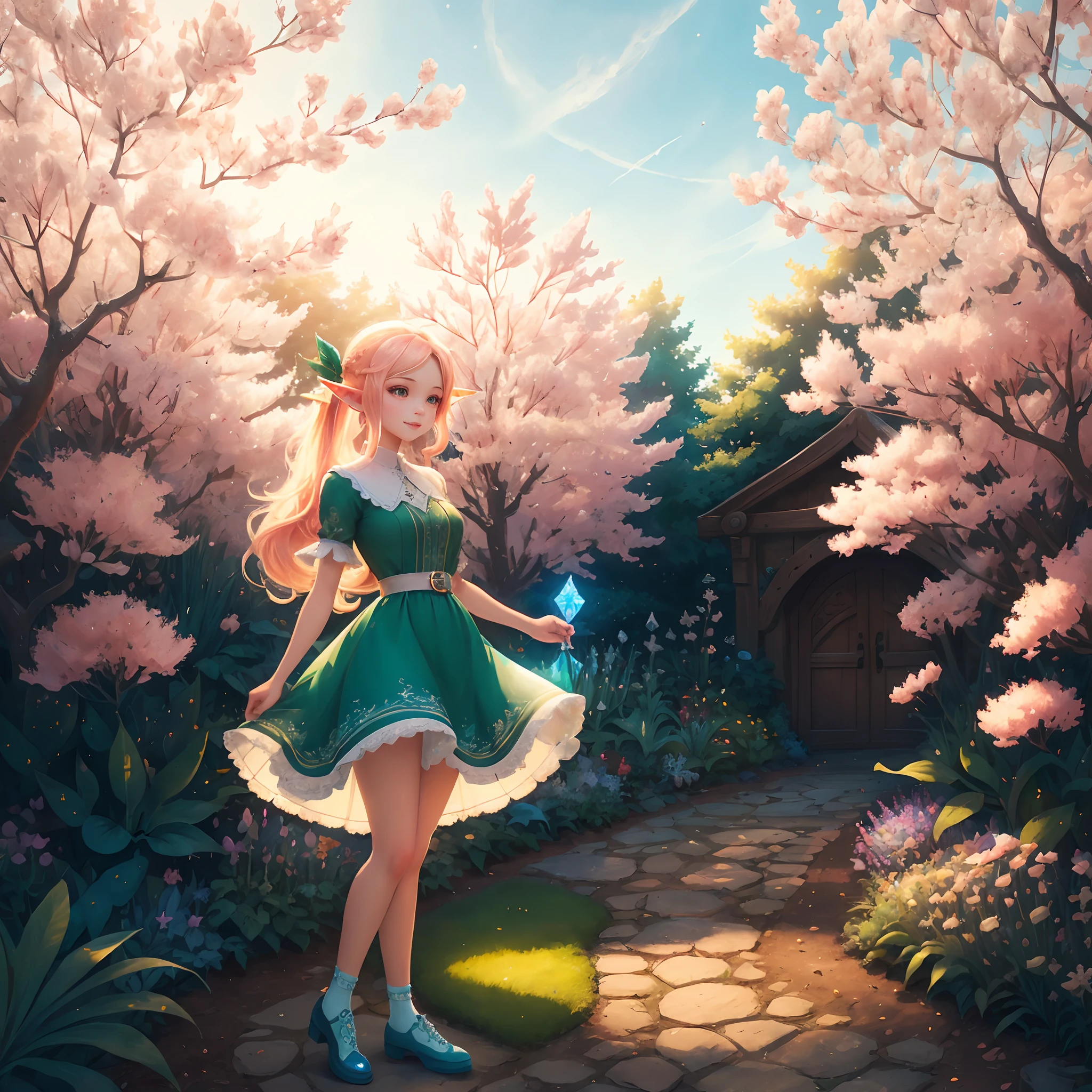 (Best quality, High-res, Ultra-detailed, Extremely detailed:1.2), 4K, 8K, Girl, Long hair, Beautiful, gentle, Lively, Crystal shoes, dress, pony tails, Vibrant atmosphere, ears of elf, Playful expression, Fantastic core, illustratio (illustration), Vivid colors, Soft lighting，parks，trpical garden，the elf，In the daytime，in the afternoon