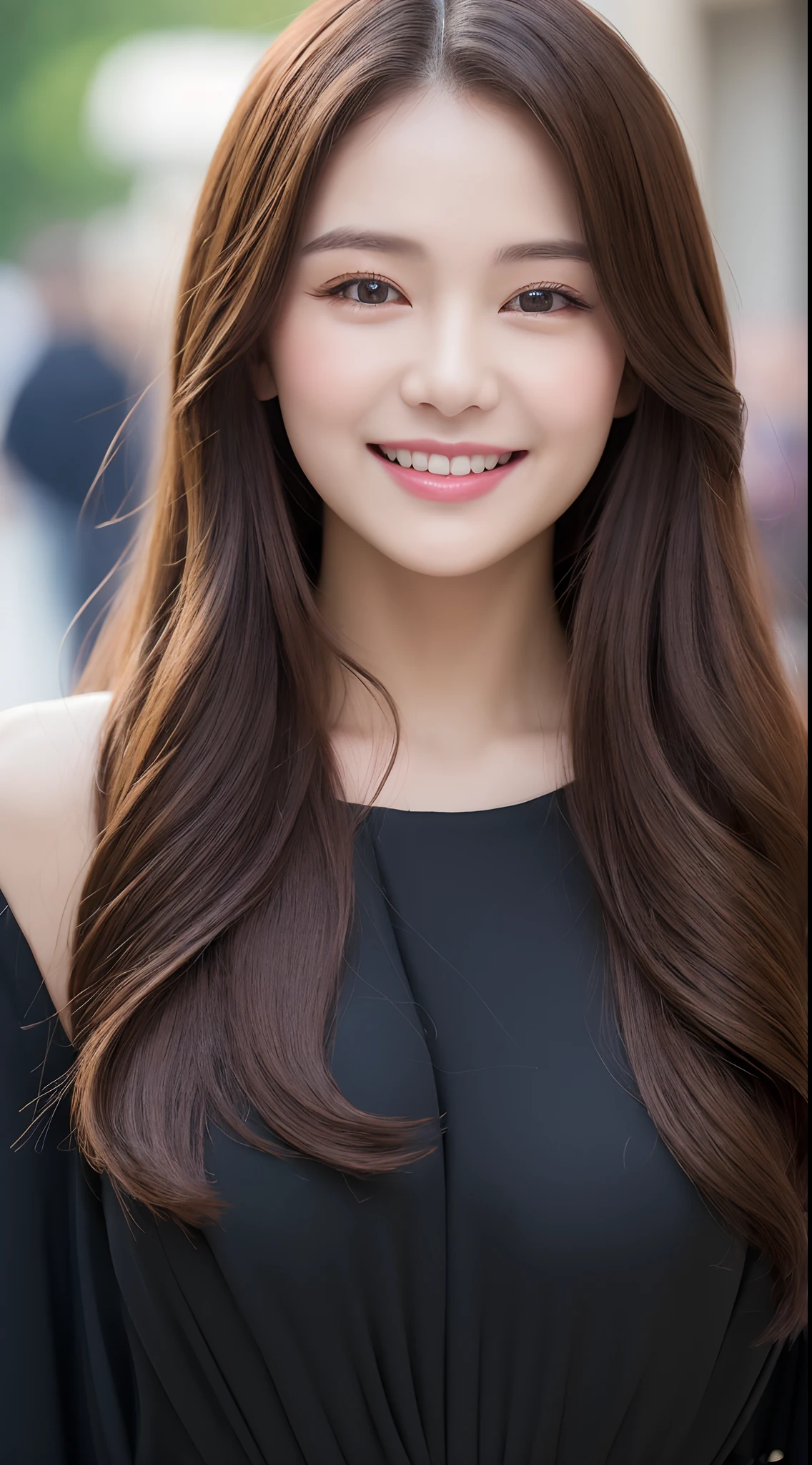 ((Best quality, 8k, Masterpiece :1.3)), 1girl, smiling, full body, slim face, Pretty woman, (Dark brown hair), full length dress :1.1, Ultra-detailed face, Detailed eyes, Double eyelid, blur background, slim face, city, outside, street,