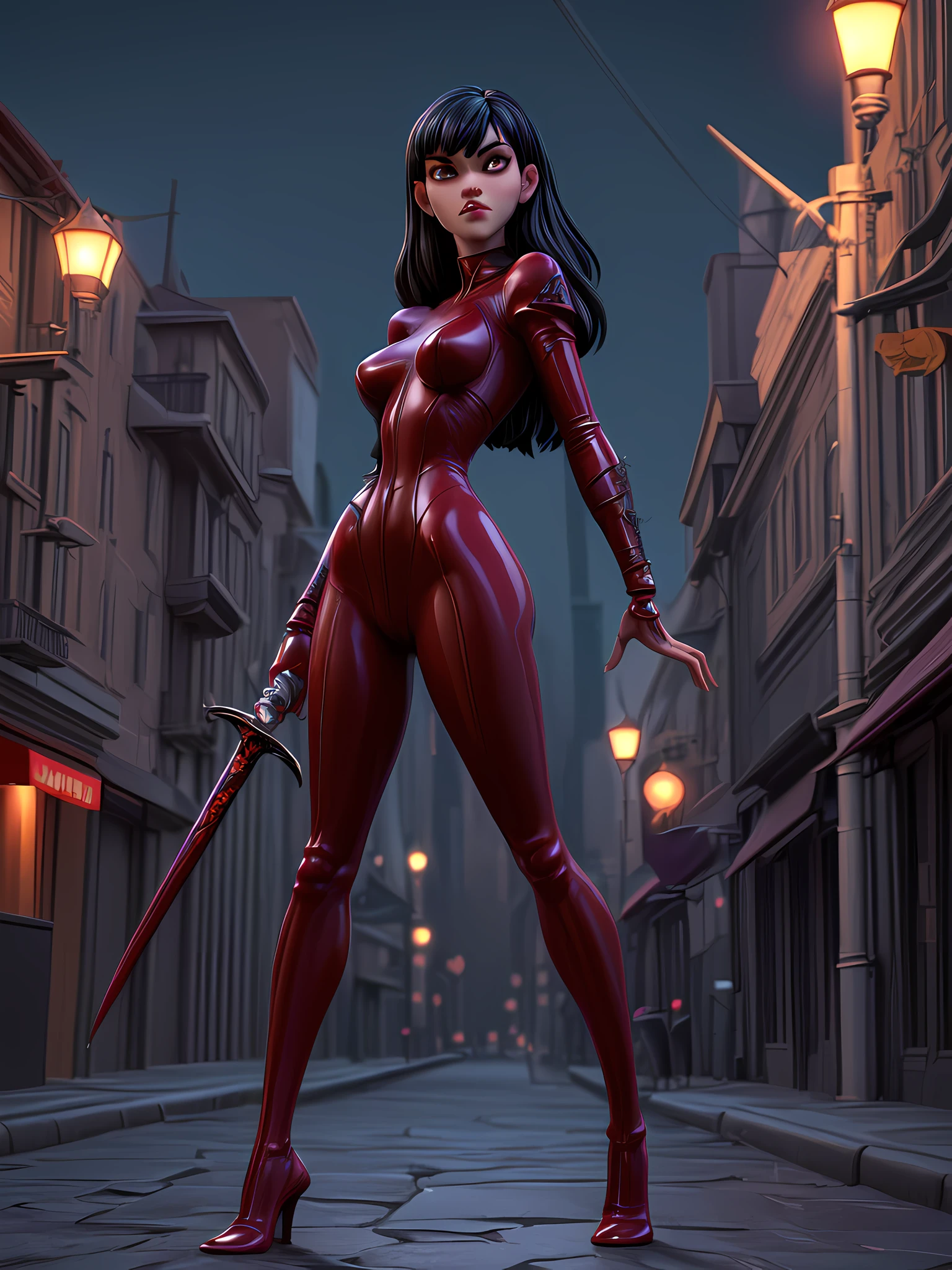 a 3d pixar animation style picture of Vampirella standing in the street at night, Vampirella (masterpiece, extremely detailed, highly detailed), full body (masterpiece, extremely detailed, highly detailed), standing in an urban street at night  exquisite beautiful Vampirella (masterpiece, extremely detailed, very high quality: 1.5), best detailed face, full body, wearing red latex catsuit,  armed with a sword fantasysword sword (very high quality), ready for battle, urban street background, lamp lights, moon light, detailed background (masterpiece, extremely detailed, very high quality), best realistic, very high quality, best quality, 16k, [ultra detailed], masterpiece, best quality, (extremely detailed), ultra wide shot, photorealism, room is lit with bright light, depth of field, 3D animation render