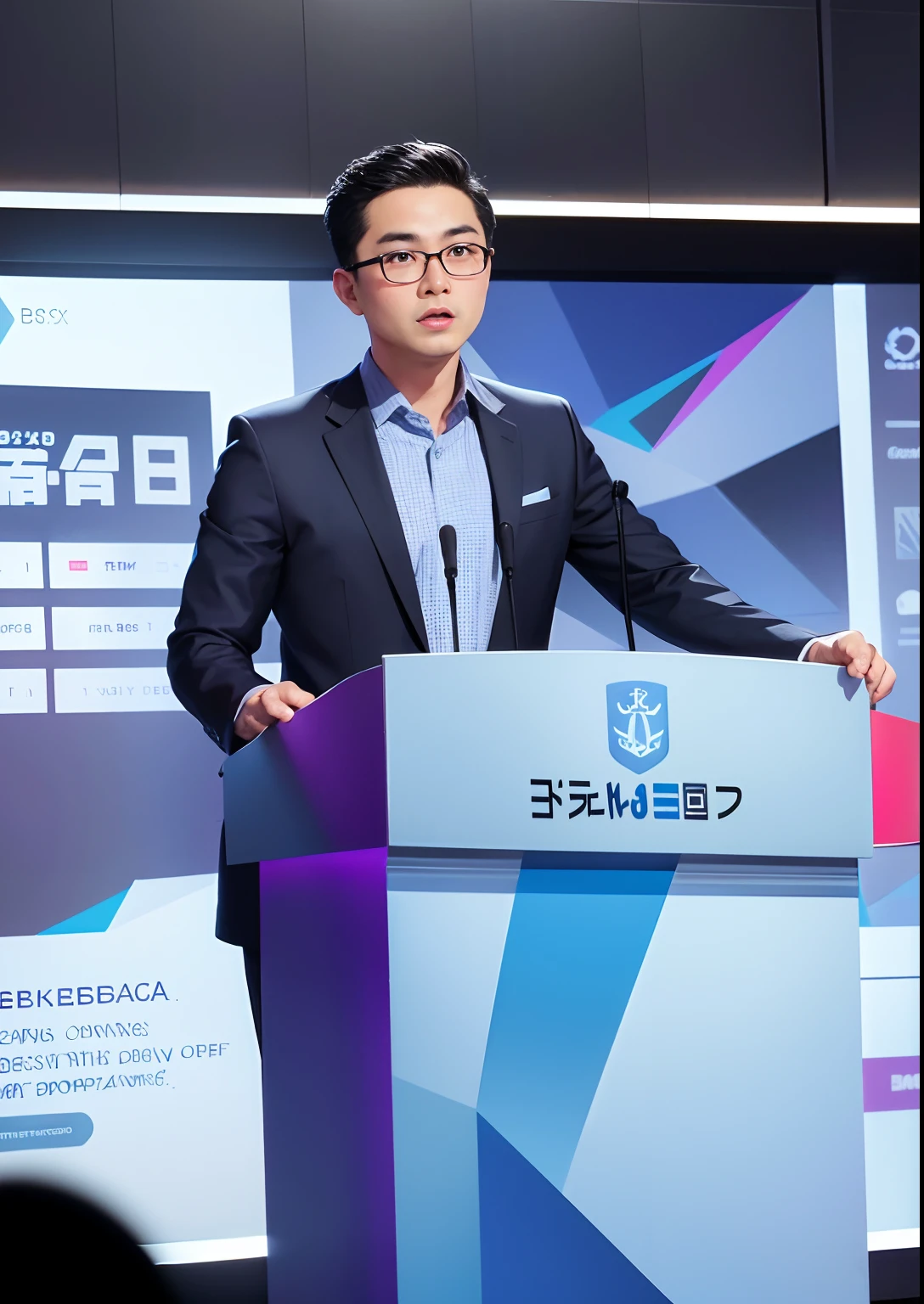 Asian man in suit and tie standing on podium