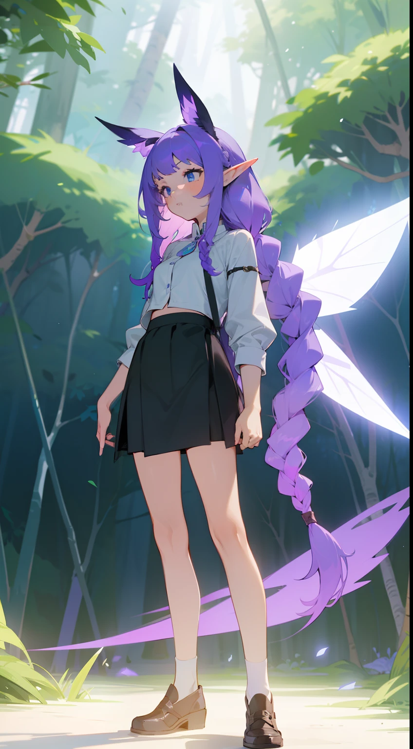 1girl,20s,solo,shy face,white shirt,black skirt,small tits,light purple hair,long hair,braided hair,fairy blue wing,blue eyes,,elves ears,little wings in head,(((standing in front of a forest)))