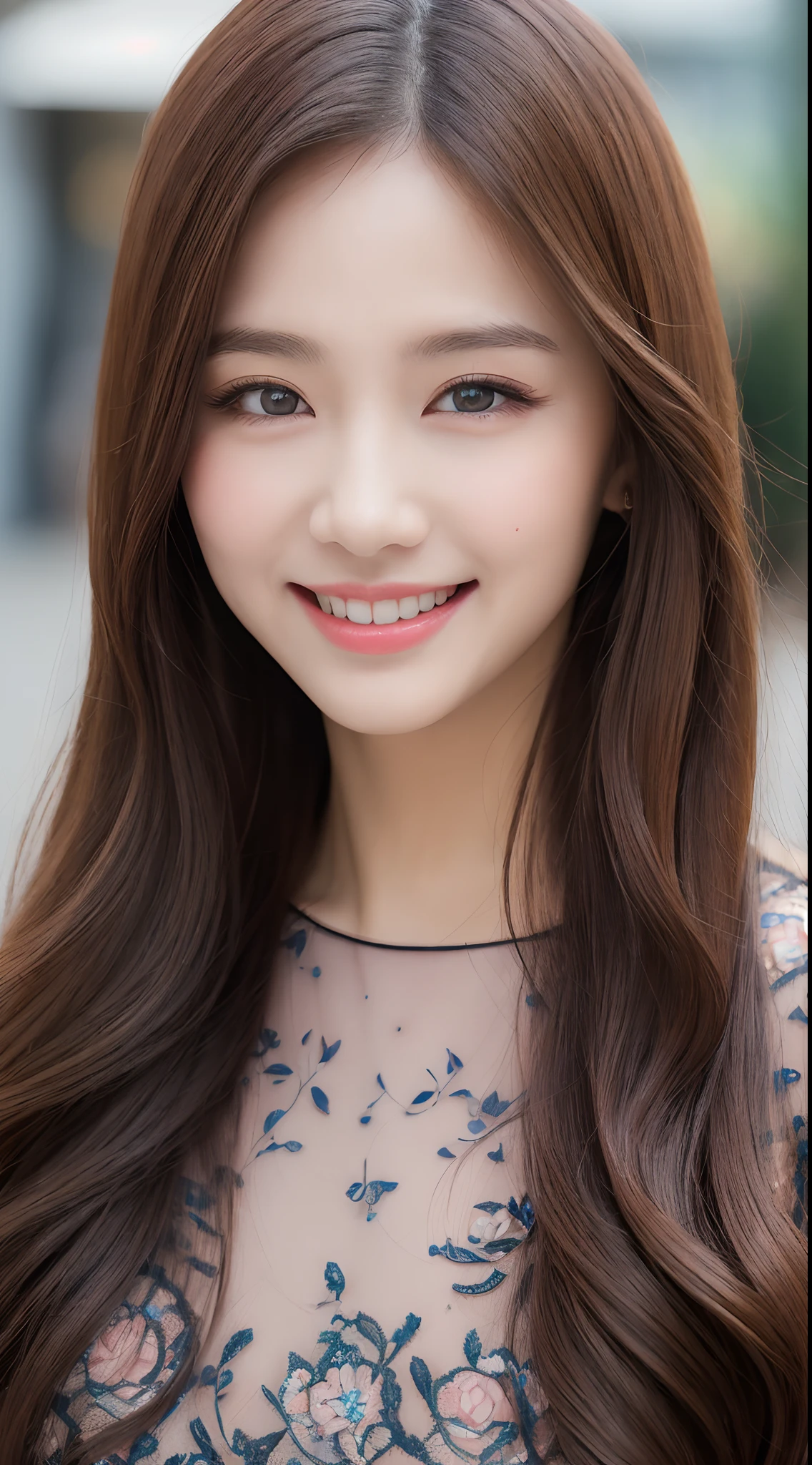 ((Best quality, 8k, Masterpiece :1.3)), 1girl, smiling, full body, slim face, Pretty woman, (Dark brown hair), full length dress :1.1, Ultra-detailed face, Detailed eyes, Double eyelid, blur background, slim face, city, outside, street,