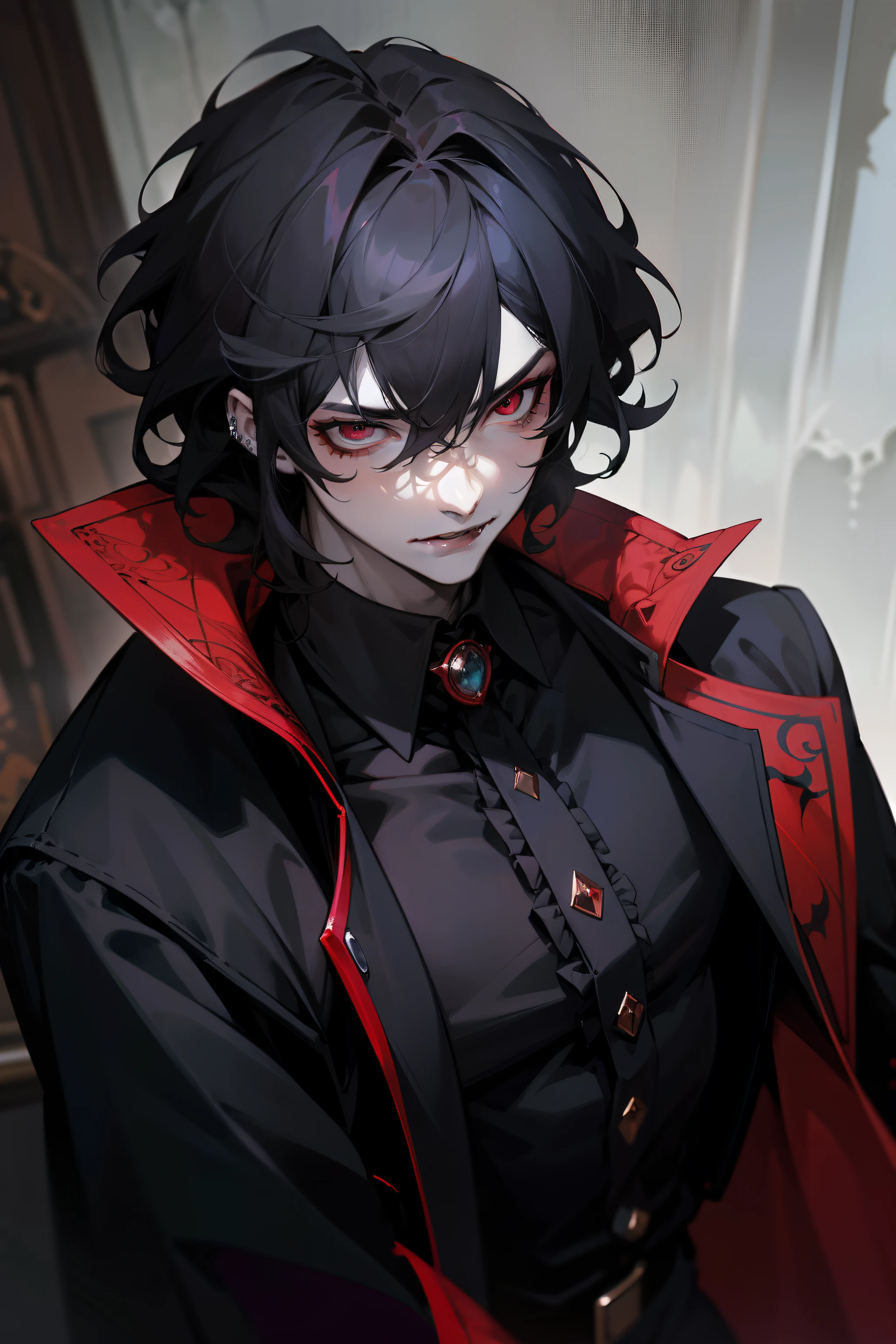 (masterpiece, best quality), intricate details, 8k, sharp focus, (best quality) (detailed skin:1.3) (intricate details) (8k) (detailed eyes) (anime) male character, wavy hair, mullet, short hair, black hair, red eyes, male, anime male, frontage, lovely boy, perfect face, detailed eyes, bold background, detailed accessories, unique outfit, sharp eyes, male, young man, idol, dark colours, piercings, pale skin, vampire, fangs, defined features, model, Rei Sakuma, Sakuma Rei, gothic, sexy, dark clothes, dark room, muscular, cluttered room, indoors, detailed background, bold colours, bold outlines, sharp face, nighttime, night, hot, handsome, sexy pose, muscles, dracula, posing