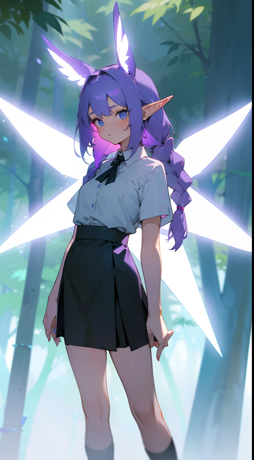 1girl,20s,solo,shy face,white shirt,black skirt,small tits,light purple hair,long hair,braided hair, blue wing,blue eyes,,elves ears,little luminous wings purple in head,(((standing in front of a forest)))