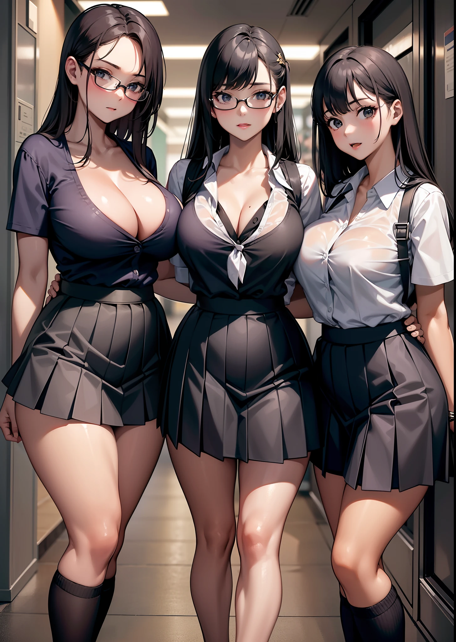 Trio of schoolgirls standing side by side、A dark-haired、Colossal tits、cleavage of the breast、tits out、Park at night、a miniskirt、thighs thighs thighs thighs、Navy blue pleated skirt、Short sleeve shirt、A sexy、Fornication、lascivious