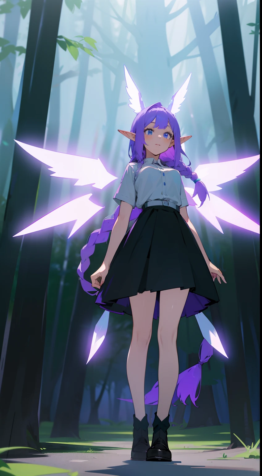 1girl,20s,solo,shy face,white shirt,black skirt,small tits,light purple hair,long hair,braided hair, blue wing,blue eyes,,elves ears,little luminous wings purple in head,(((standing in front of a forest)))