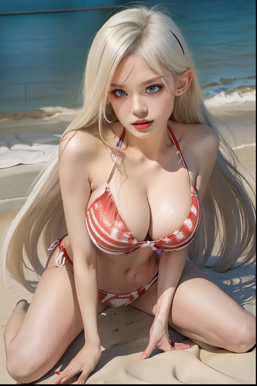 (8k, RAW photos, top quality, masterpiece: 1.2), (realistic, photorealistic: 1.37), (High Quality), (Ultra realistic), (High Details), (Face detail), (Shadow Detail), ((Gigantic huge breasts: 1.5)), solo, 1 girl, white hair, light red eyes, make-up, eyeliner, eyeshadow, red lips, white bikini, beach