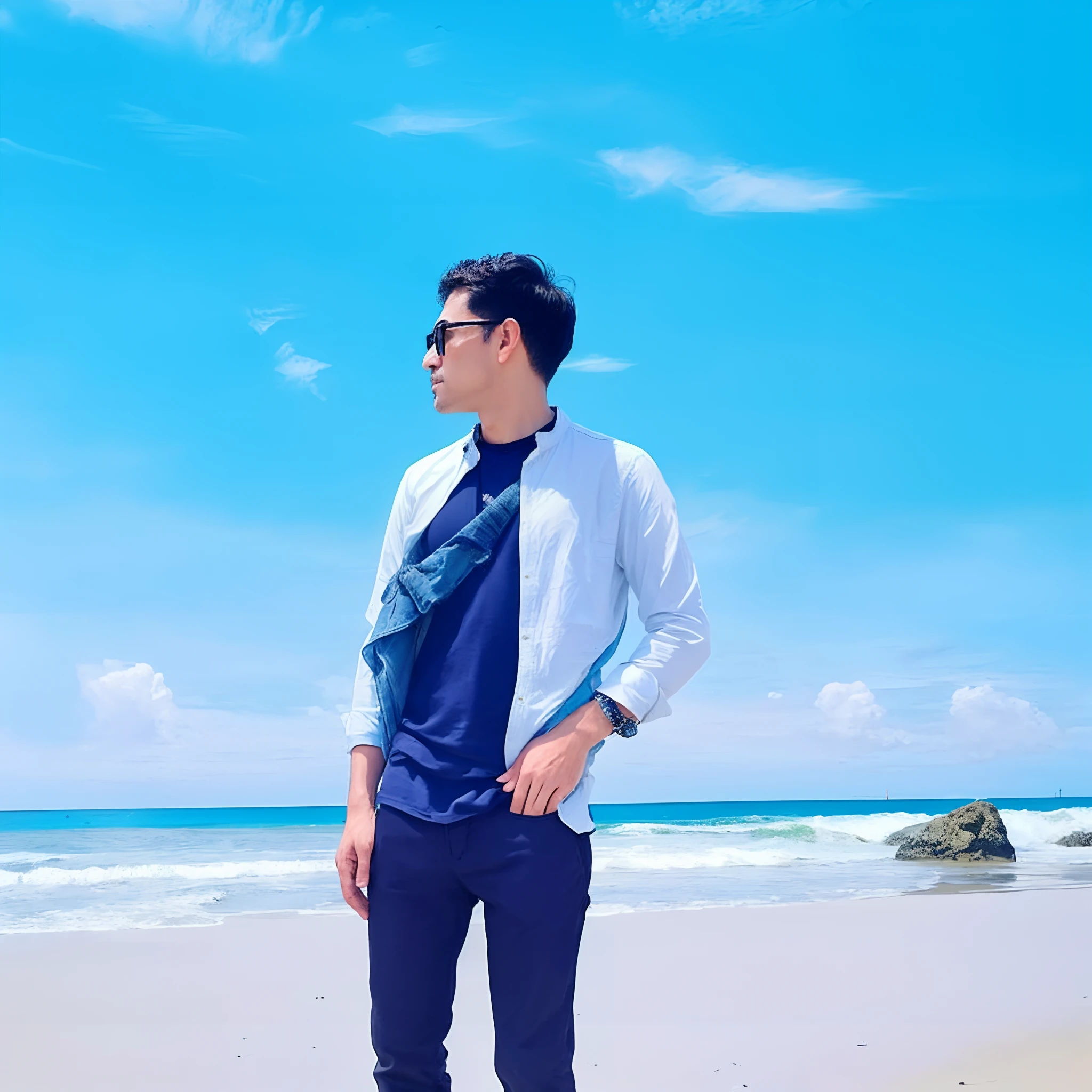 there is a man standing on the beach with his hands in his pockets, posing on a beach with the ocean, standing at the beach, standing beside the ocean, the ocean in the background, profile picture 1024px, ocean in the background, profile pic, standing near the beach, standing on a beach, random artist