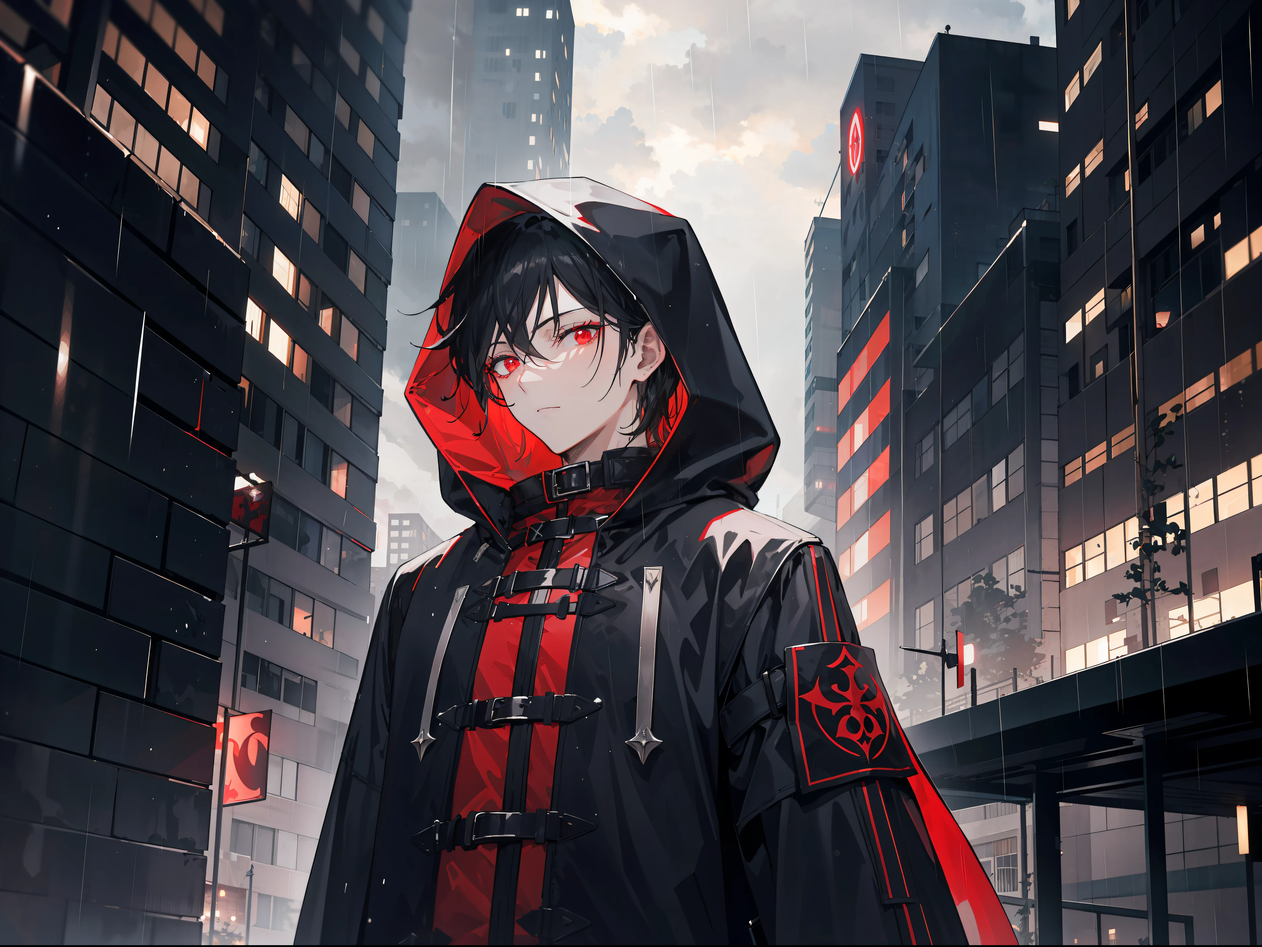 "Epic dark city raining atmosphere, stunning 4k artwork featuring a confident mature man with short modern style center split glowing black hair. His red eyes and glow in the dark. he was wearing a black sect coat with hood. He was the leader of a heretical sect"