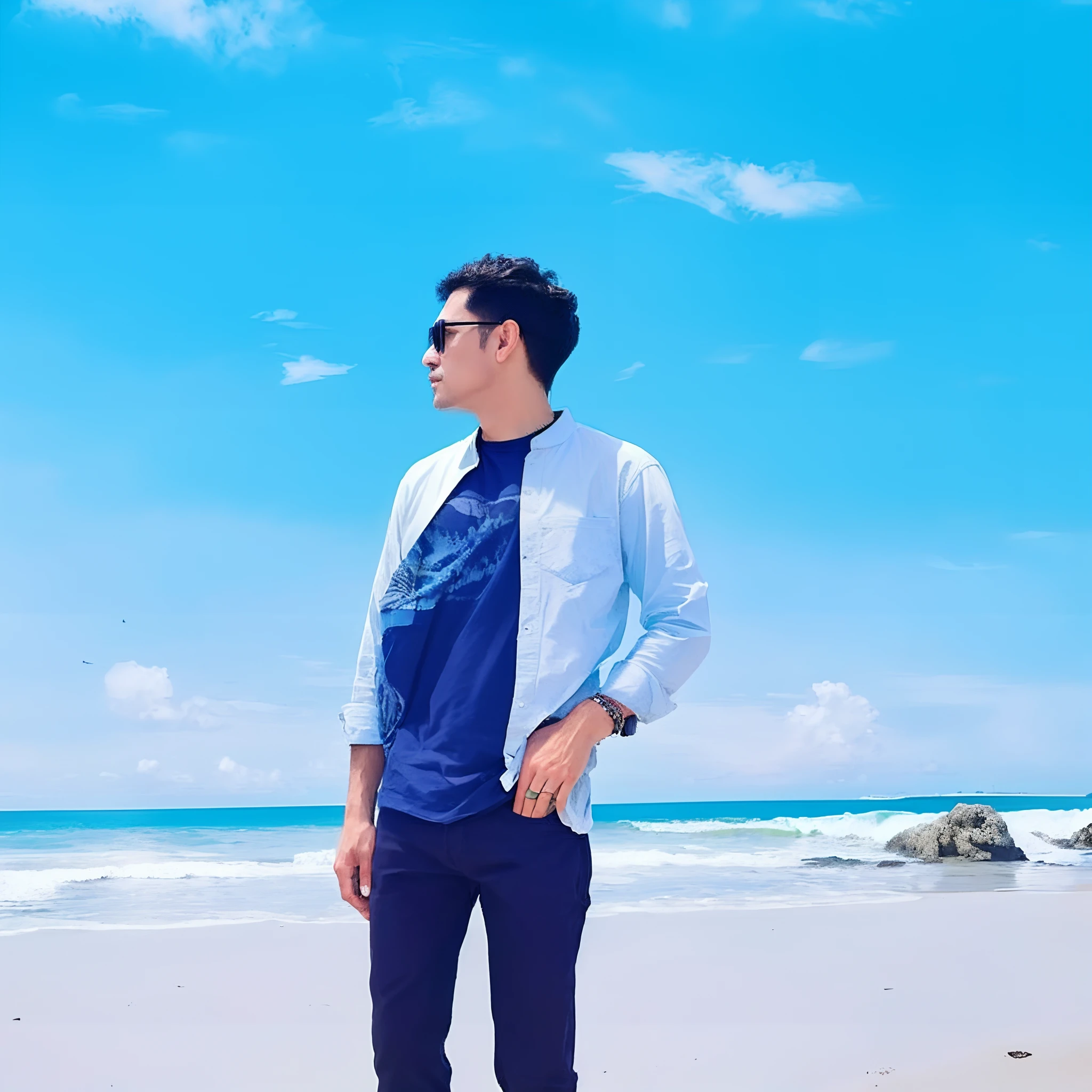 there is a man standing on the beach with his hands in his pockets, posing on a beach with the ocean, standing at the beach, standing beside the ocean, the ocean in the background, profile picture 1024px, ocean in the background, profile pic, standing near the beach, standing on a beach, random artist