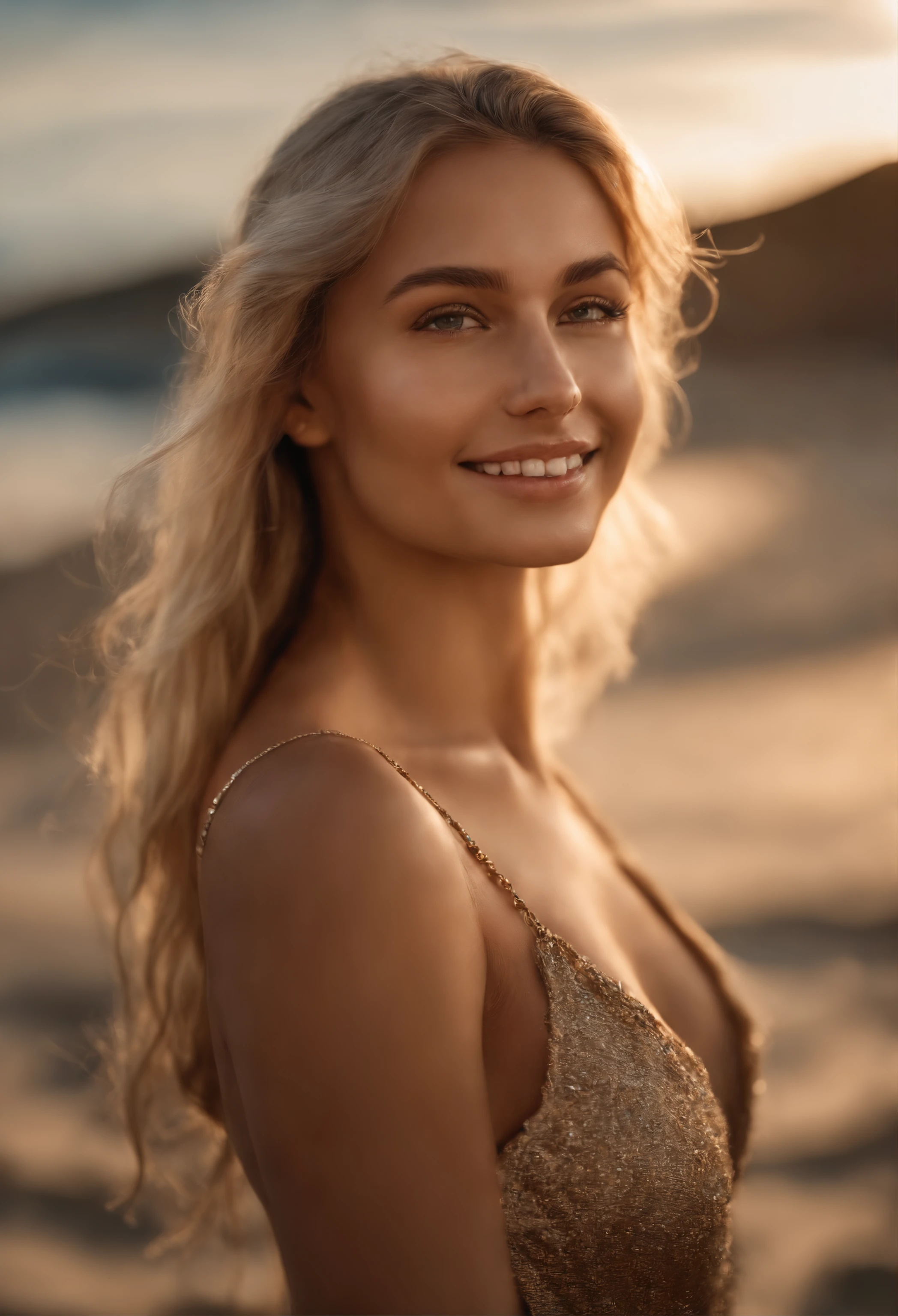 RAW, analog, Nikon Z 85mm,((best quality)), ((masterpiece)), ((realistic)),far fromthe camera image, gorgeous russian woman, blond, 18 year old, posing in a beach, wearing lingerie petite, smile with teeth showing, ((small breasts)), intricate details, highly detailed, sharp focus, professional, 4k, god rays, hand model, stunning brown eyes, petite,strong chin big ramus dnot defined jawline  huge strong cheekbones highset cheekbones big eyes. great face projection highres, detailed facial features, high detail, sharp focus, smooth, extremely detailed, photo_\(ultra\), photorealistic, realistic, post-processing, max detail, roughness, real life, ultra realistic, photorealism, 8k uhd, SEMI-SILHOUETTE light, slavic face, long blon hair, beautiful hair, real face face