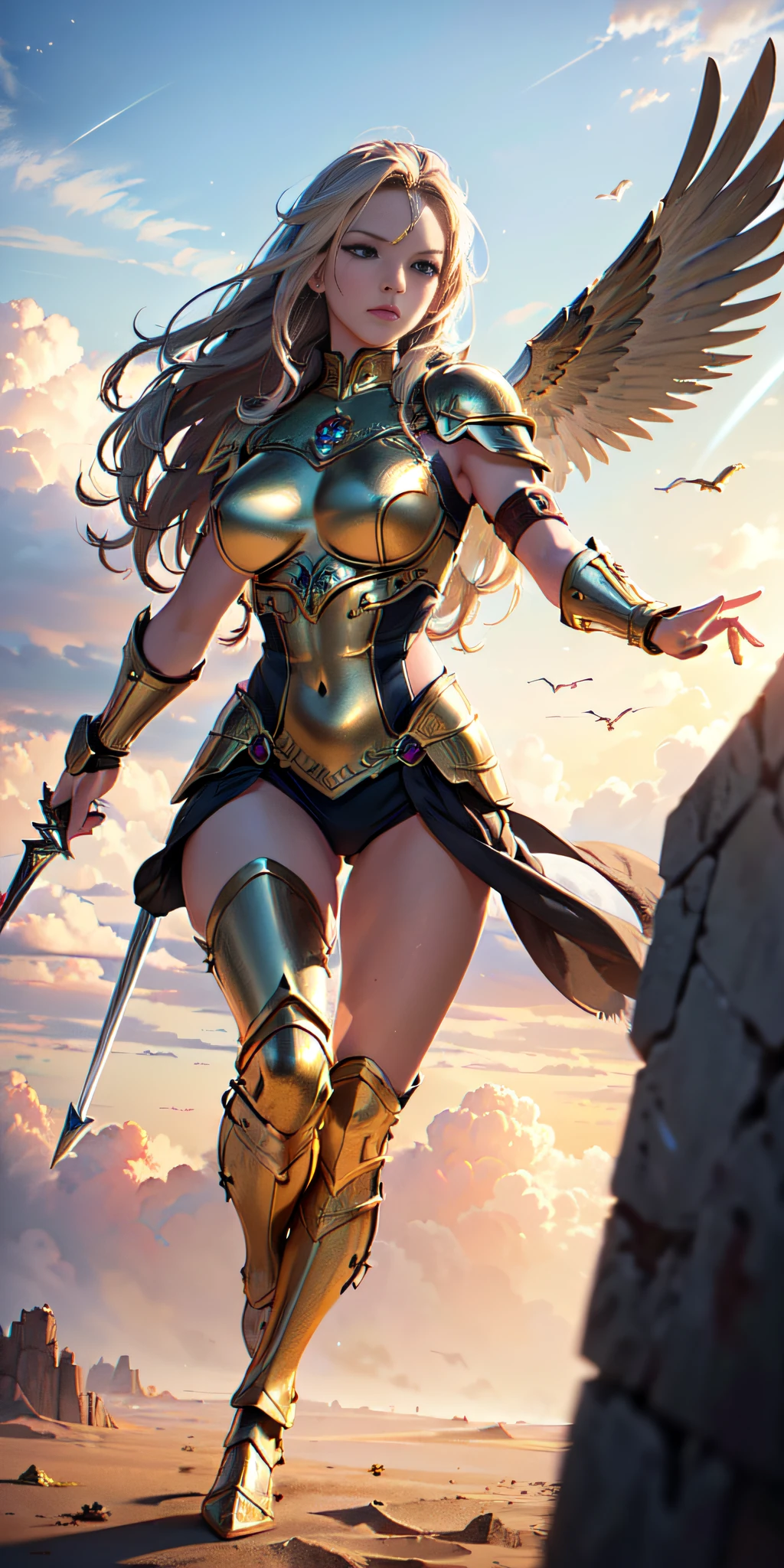 (best quality,highres,masterpiece:1.2),ultra-detailed,(realistic,photorealistic,photo-realistic:1.37),Valkyrie illustration,mythological,warrior woman,fierce expression,powerful stance,flowing golden hair,intricate armor,detailed wings,flying in mid-air,battlefield in background,stormy clouds,divine light,ethereal atmosphere,vivid colors,sharp focus,portraits.