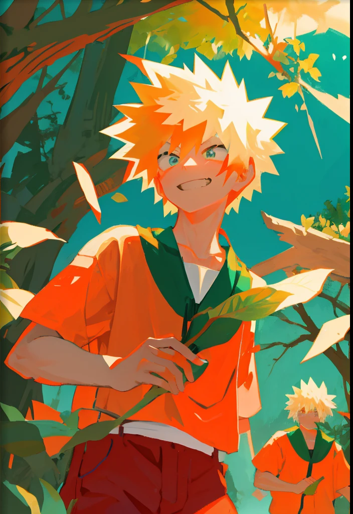 Eating watermelon in the forest、夏天、shortsleeves、Orange clothes、Ramune soda、a smile、Katsumi Bakugo、The upper part of the body、Oblique angle ,Masterpiece
