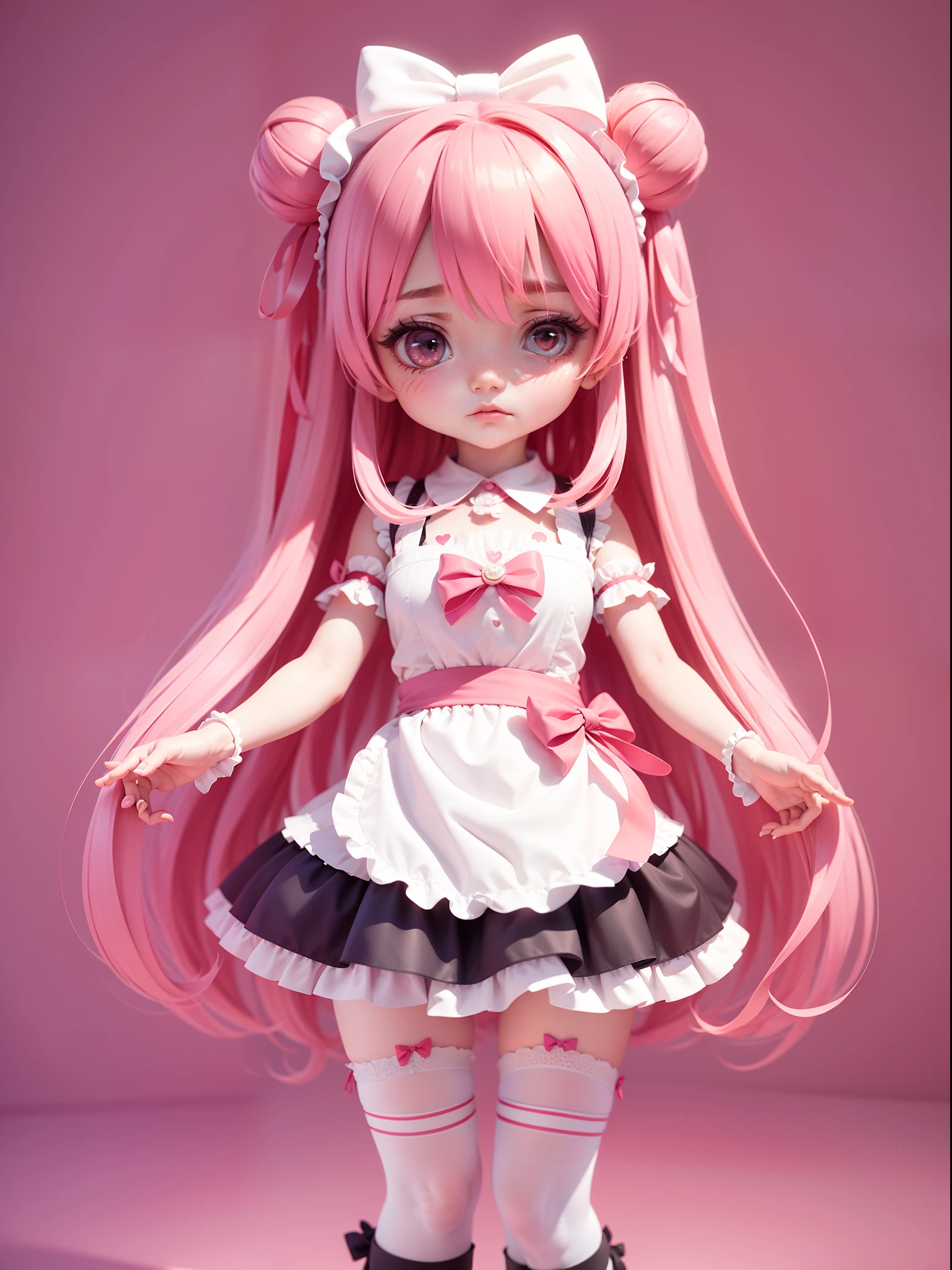 1girl, apron, bow, cube hair ornament, dress, frills, gloom (expression), hair ornament, heart, heart hands, long hair, looking away, maid, maid apron, maid headdress, mary janes, one side up, pink hair, shaded face, shoes, short dress, solo, sweatdrop, thighhighs, white thighhighs, zettai ryouiki,