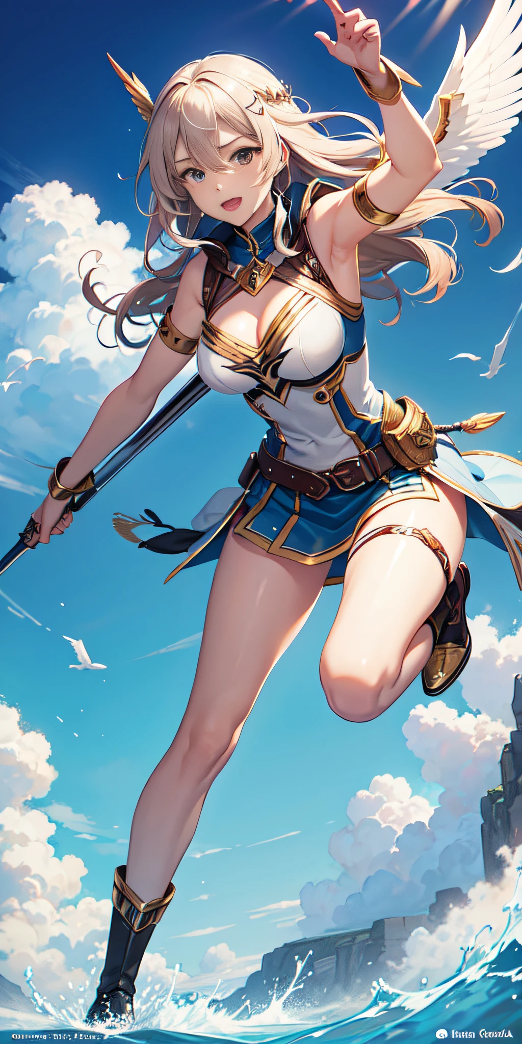 An illustration of a Valkyrie, minifalda corta, dynamic pose