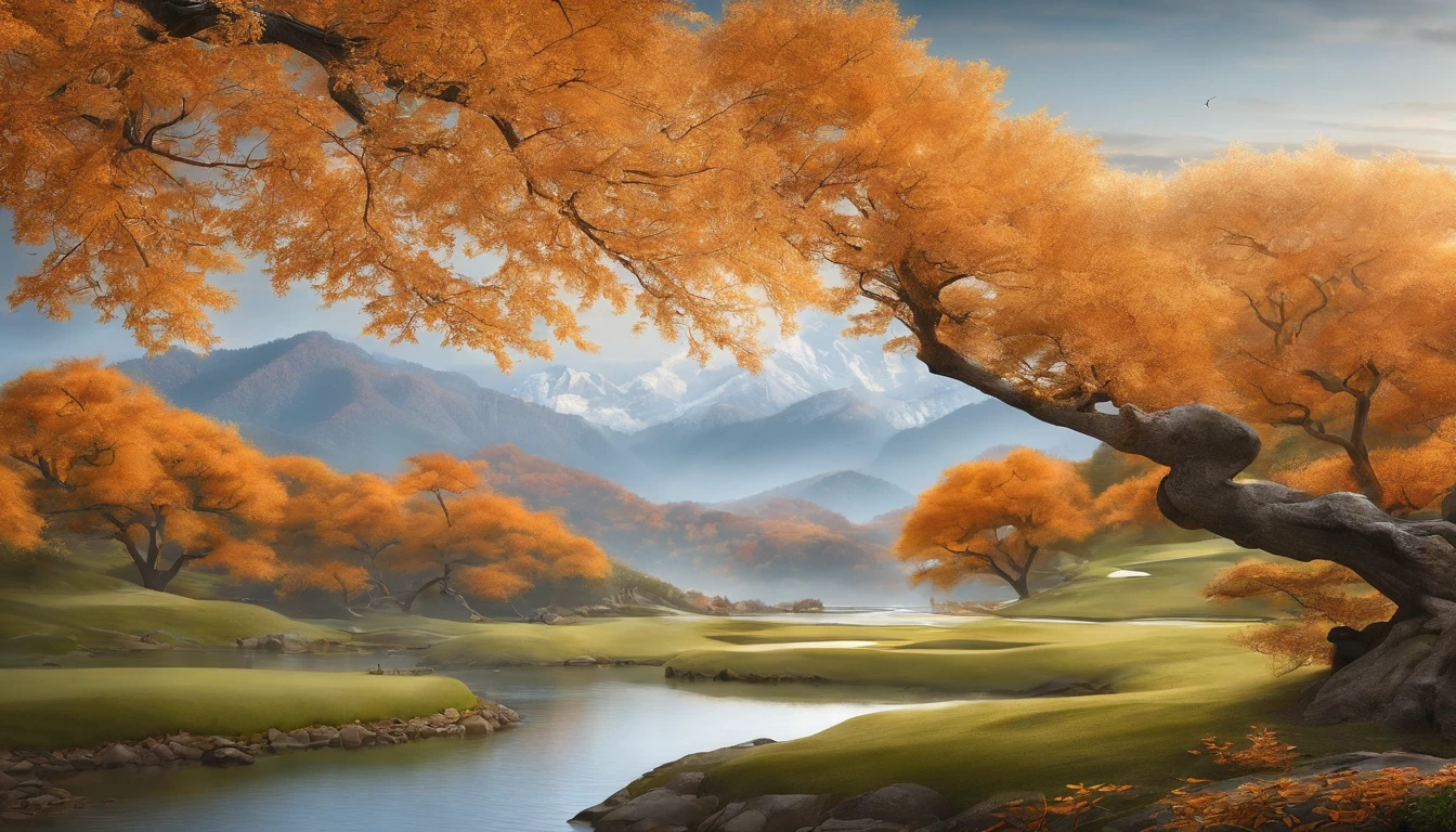 mountain water，an osmanthus tree，ginko，fall season，golf course，An idyllic Chinese mural, Light orange and light gray style, Layered landscape, japanese style art, monumental murals, Ricoh FF-9D, Golden Age aesthetics, Exotic landscape