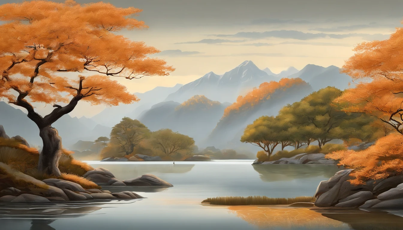 mountain water，an osmanthus tree，ginko，fall season，golf course，An idyllic Chinese mural, Light orange and light gray style, Layered landscape, japanese style art, monumental murals, Ricoh FF-9D, Golden Age aesthetics, Exotic landscape