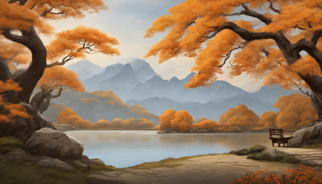 mountain water,an osmanthus tree,ginko,fall season,golf course,An idyllic Chinese mural, Light orange and light gray style, Layered landscape, japanese style art, monumental murals, Ricoh FF-9D, Golden Age aesthetics, Exotic landscape