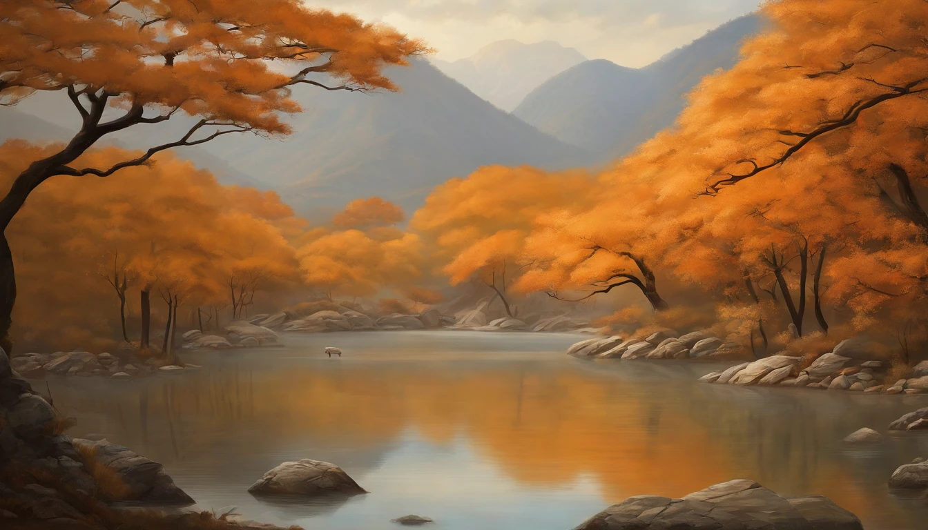mountain water,an osmanthus tree,ginko,fall season,golf course,An idyllic Chinese mural, Light orange and light gray style, Layered landscape, japanese style art, monumental murals, Ricoh FF-9D, Golden Age aesthetics, Exotic landscape