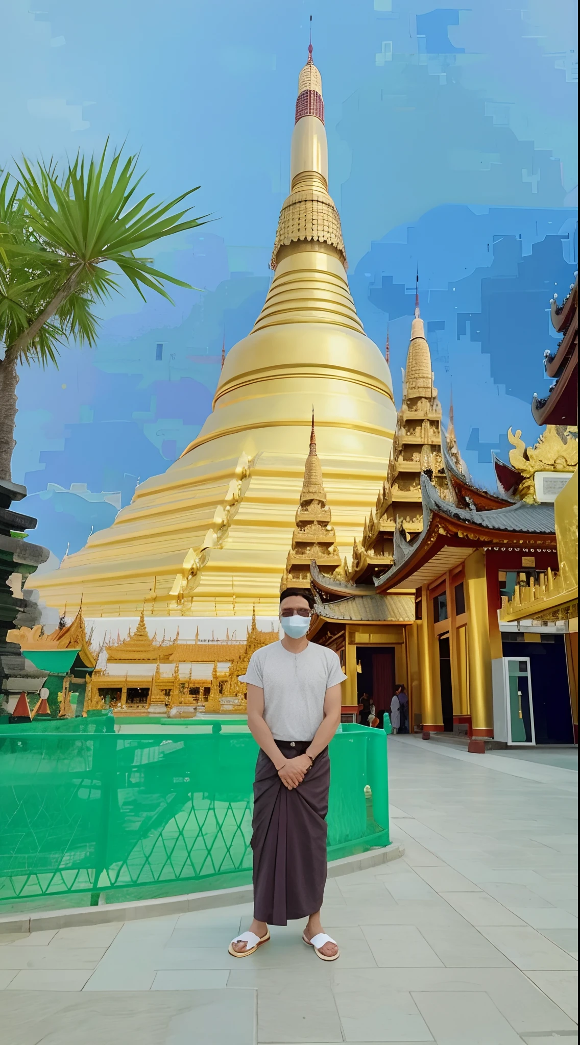 arafed man standing in front of a golden pagoda in a city, myanmar, exclusive, in front of a temple, temple in the background, photo taken in 2 0 2 0, in front of the temple, standing in a buddhist temple, profile pic, with a temple, wonderful, vacation photo, the temple of truth is white