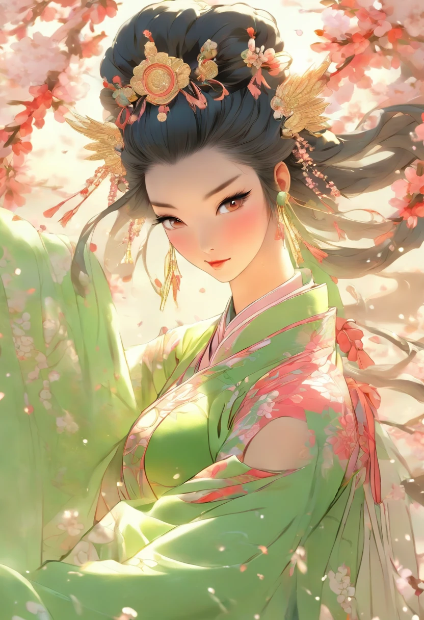 The most beautiful and sexy ming dynasty goddess queen, black hair, green eyes, wearing the most beautiful and highly detailed hanfu/duijin clothing, angel wings, tattoos and piercings, cherry blossoms blowing in the wind, perfect masterpiece, high quality, high resolution