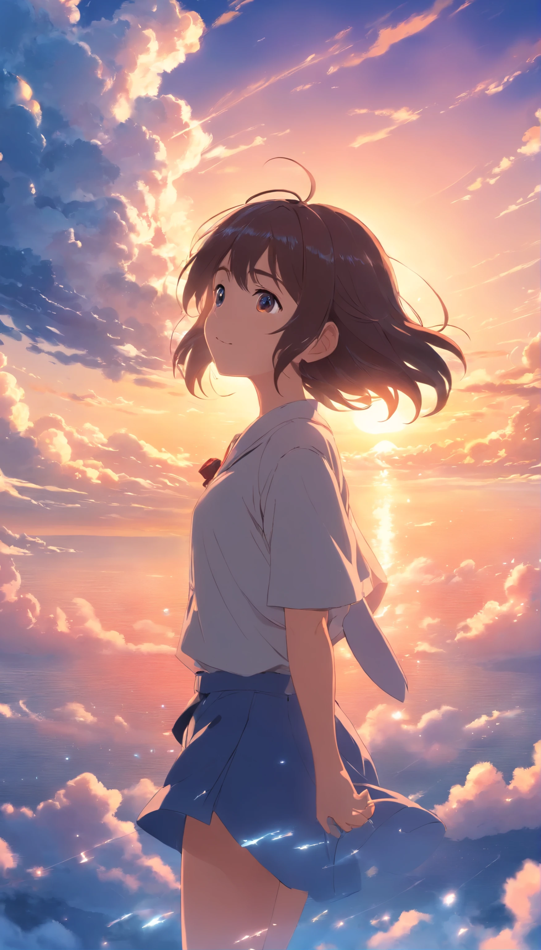 masterpiece, best quality, movie still, 1girl, cloud girl, floating in the sky, close-up, bright, happy, warm soft lighting, sunset, (sparks:0.7)
