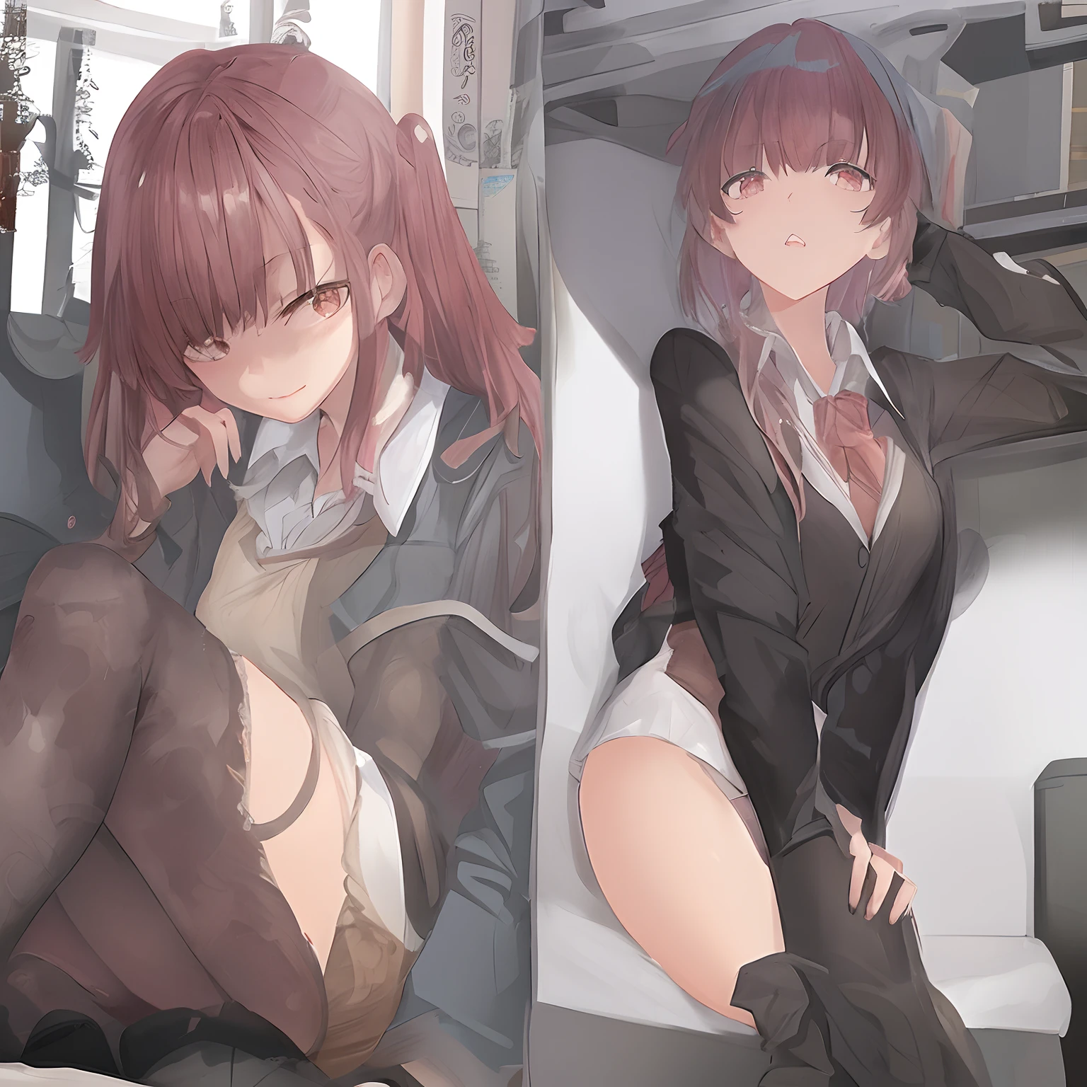 Nude full-body.
Very thin, small breasts, thin legs Pink straight hair, brown eyes, A short skirt with a checkered pattern, a tie of the same color as the skirt, and a navy blue blazer.Female genitalia exposed. A city in ruins at night.Holding a handheld transceiver, wearing a wired headset for communication on the head, with an anarchic color scheme.