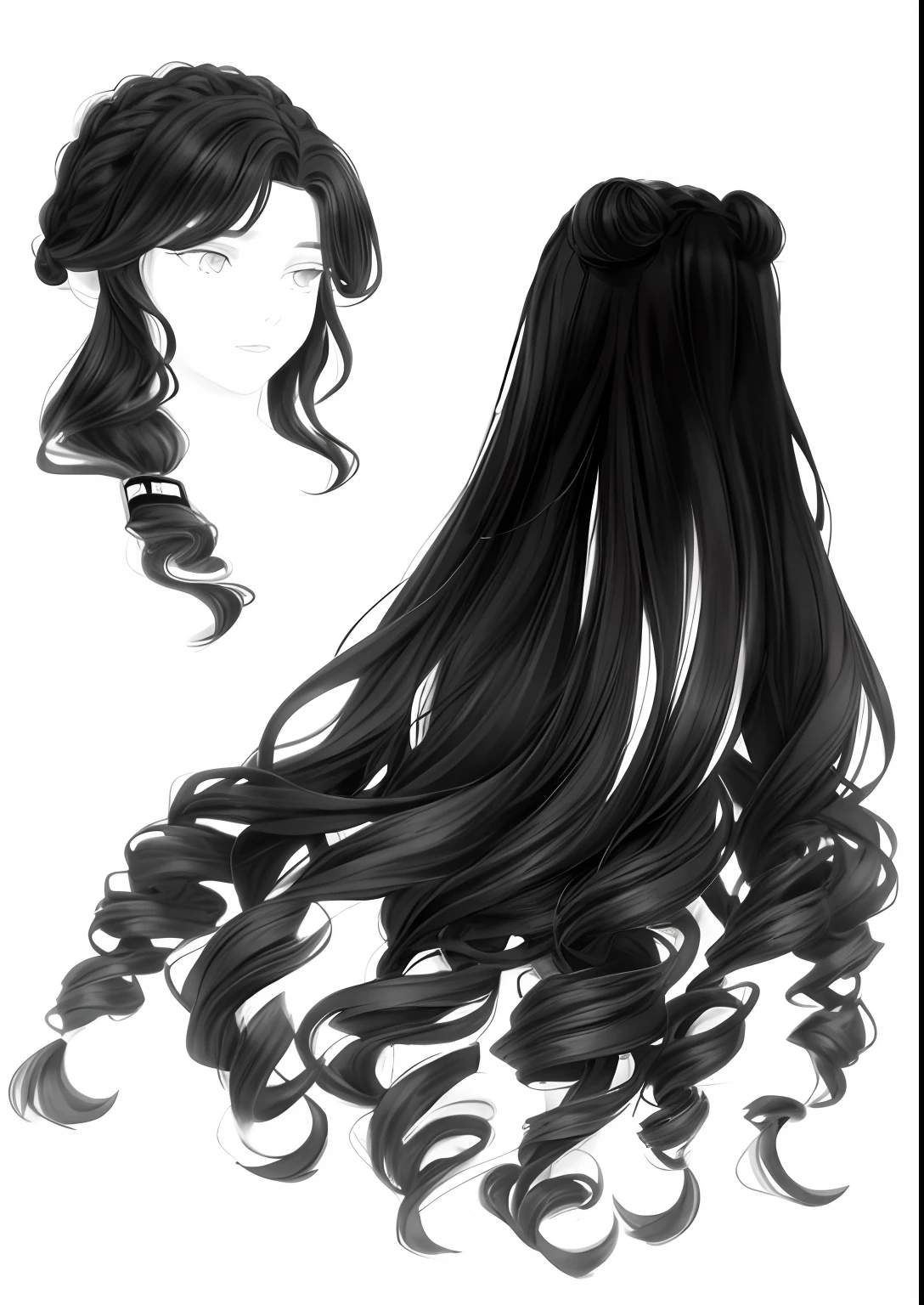 a black and white photo of a woman with long hair, detailed hair foggy, detailed long black hair, Hair texture, photo-realistic hair, Flowing hair, dynamic wavy hair, hair flowing, mostly greyscale, hair flowing down, Full hair, fractal hair, ornate hair, cabelos preto e longos, detailed hairs, swirling black hair, Flowing black hair, Full hair
