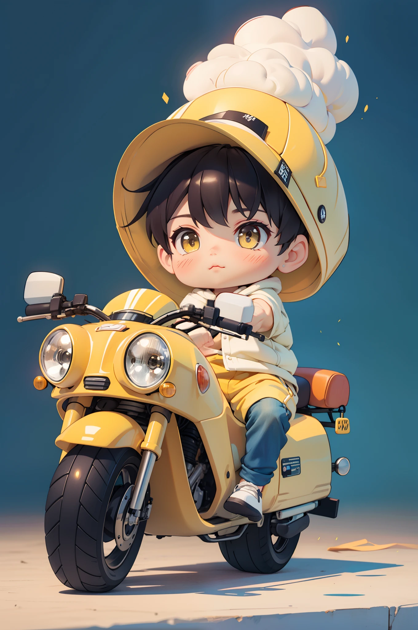 full body, chibi, cute, 1boy, (masterpiece),(best quality),(ultra-detailed), (full body:1.2). Delivery boy in yellow, riding a yellow motor, Wearing a hat. Warm and cozy, chibi, Cute, 3D, studio lighting, minimal, Depth of field, dribbble, Behance, quasi-object, 16K