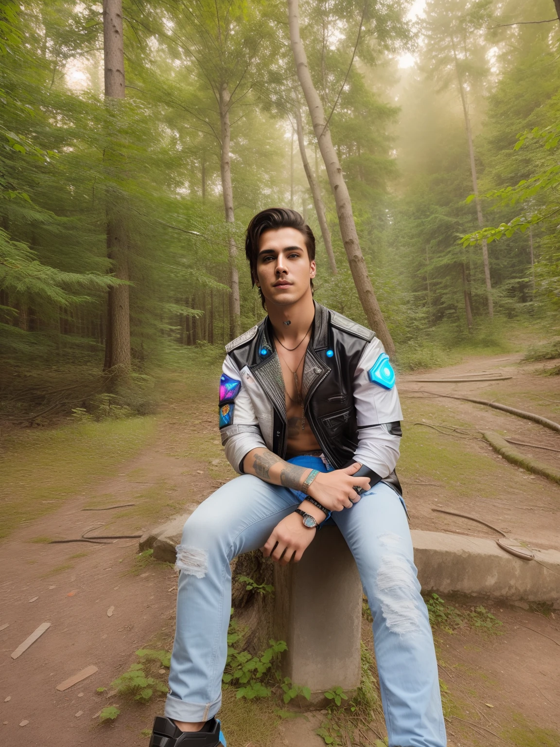 Cyberpunk handsome boy realistic face, 8k resulation and neon lighting in the background trees