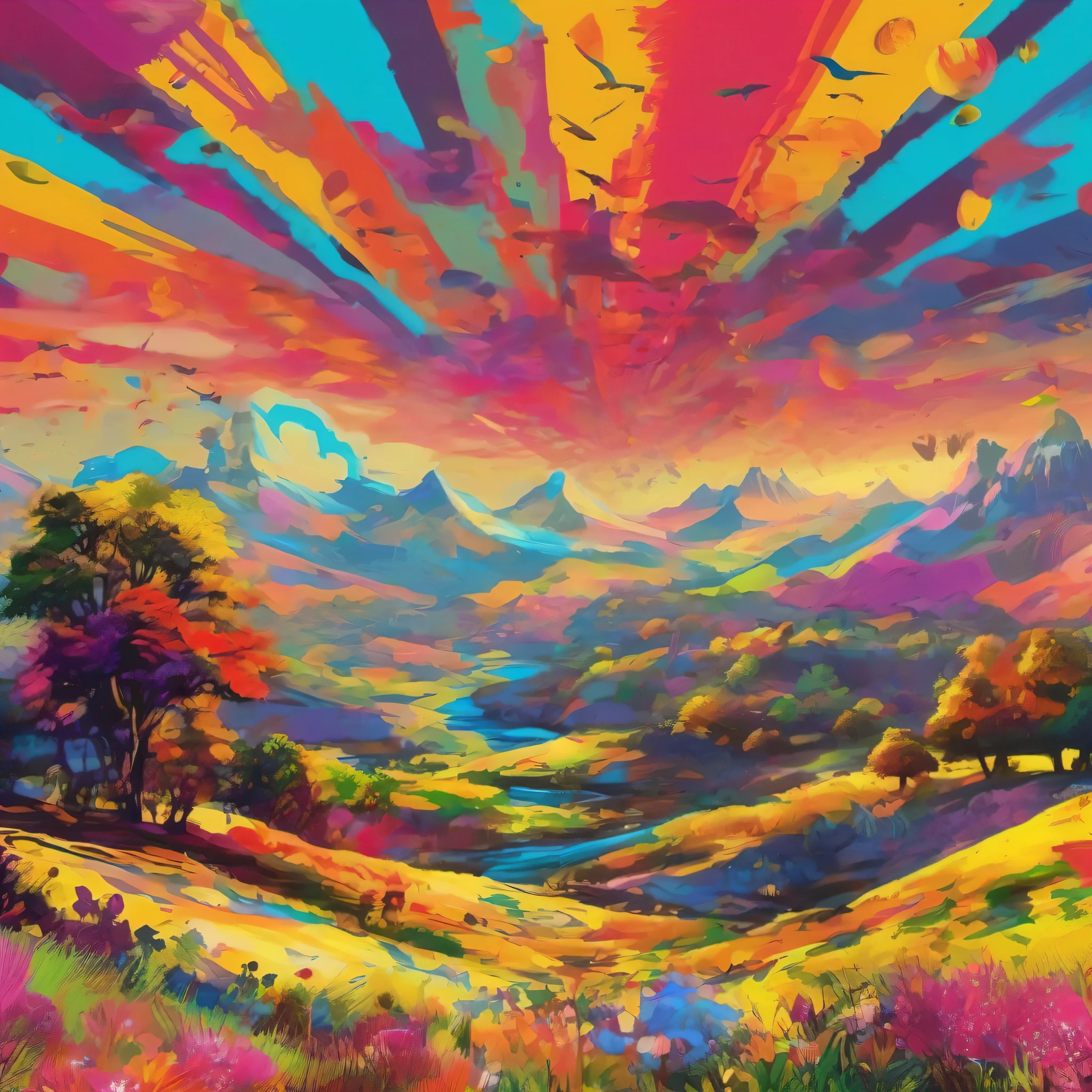 In Pop art style create a landscape image, --seed 777, Ultra HD, photorealistic, 32k, --AR 16:9, --v 5.2, -- s 55, --CHaos 321