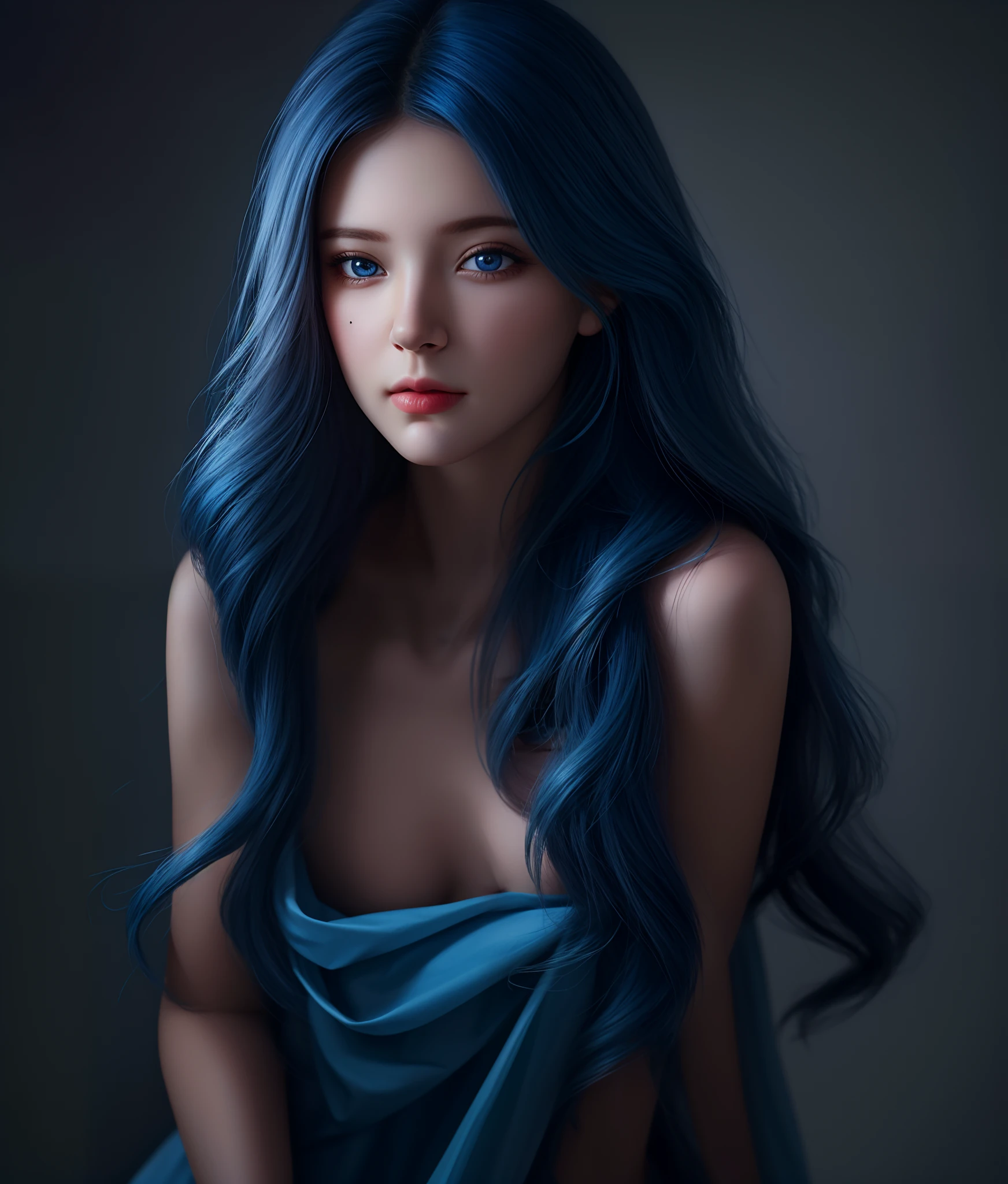 (hyperrealistic), (illustration), (high resolution), (8K), (extremely detailed), (best illustration), (beautiful detailed eyes), (best quality), (ultra-detailed), (masterpiece), (wallpaper), (photorealistic), (natural light), (rim lighting), (detailed face), (high detailed realistic skin texture), (anatomically correct), (solo), (1 girl), (high detailed realistic hair), (blue hair:1.2), (heterochromic eyes), (detailed blue eyes), (sparkling eyes), (small moles under the eyes), (realistic big breasts:1.5), (exposed nipple breasts:1.35), (long legs), (slender abs), (dynamic pose), (closed tiny mouth:1.3), nsfw,