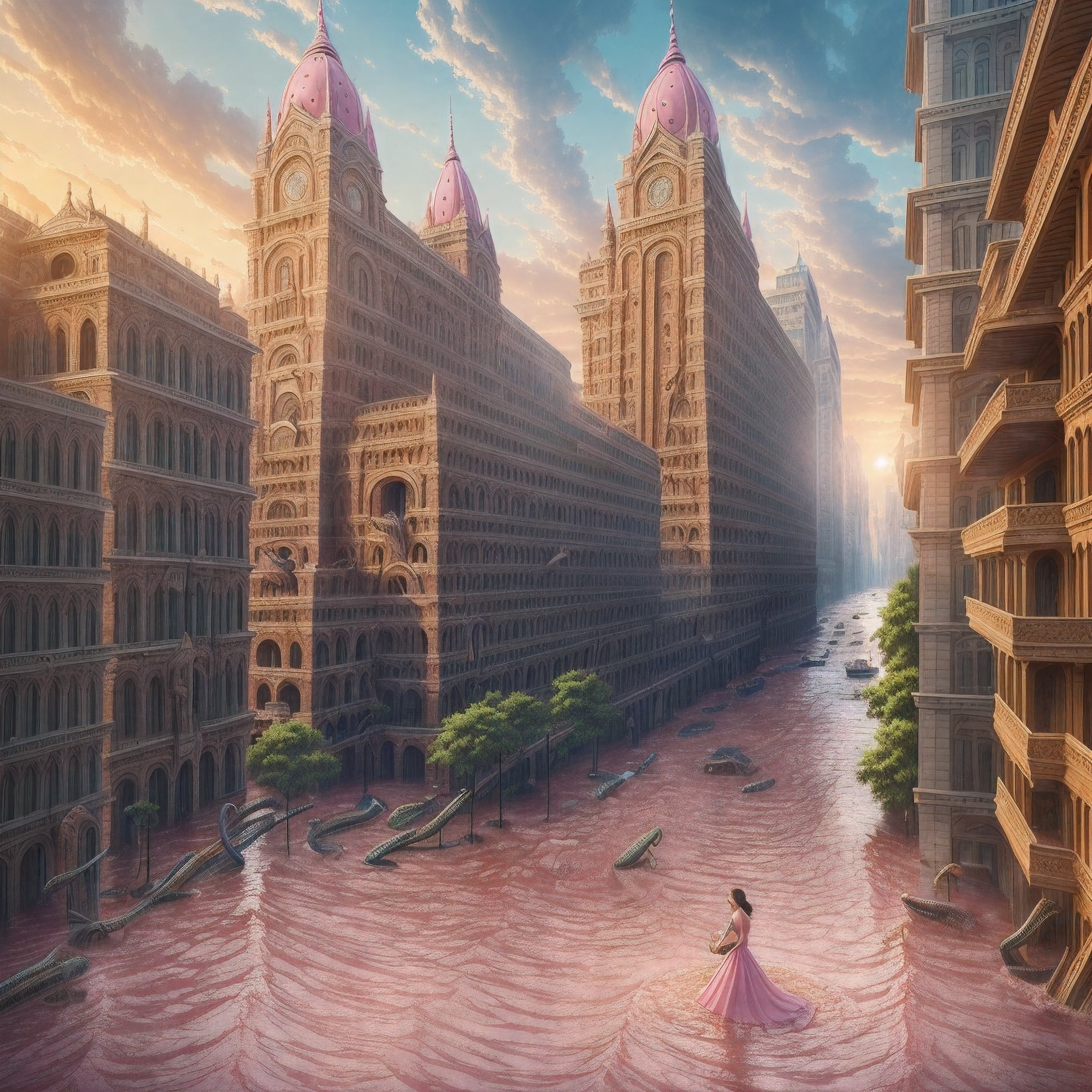 ((bestquality)), ((masterpiece)), ((Realistic)), wide shot, bara, daylight, At eye level, stunning, masterpiece :0.5 (Very detailed: 1.3), full entire body, 10 ,pink dress, broken, Serpent, Serpent, Women , Girls Destroy the City, flood, Building collapse, earthquake, Elephant trunk storm --auto