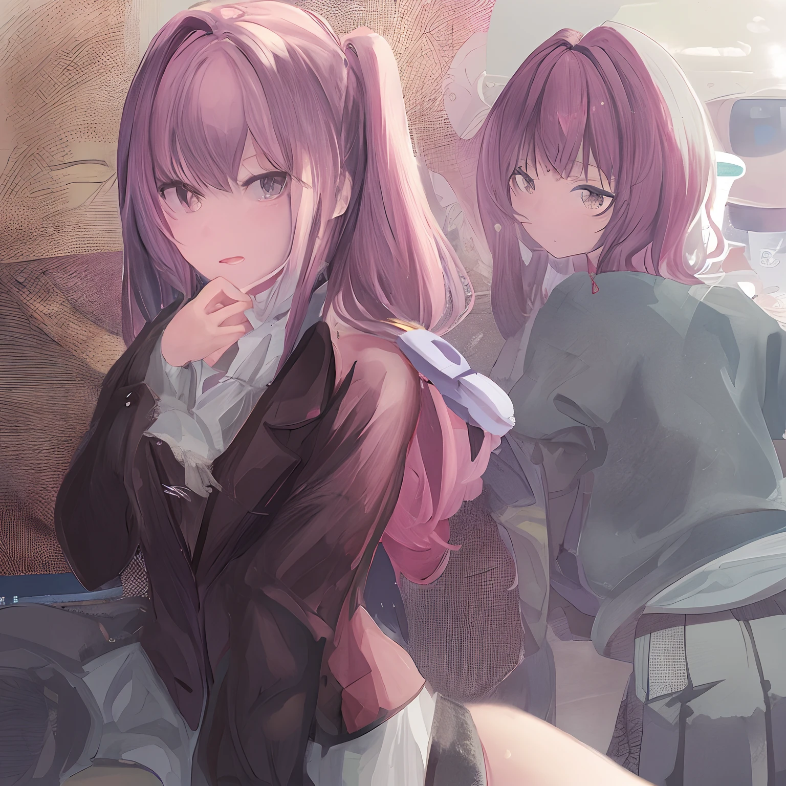 ((((pink panties)))),panties focus,mejiro mcqueen, purple hair,horse ears, ear ribbon, horse tail,frills, black jacket, bowtie, long sleeves, black skirt,sit with your heels on the ground、hold your knees with both hands,open legs,squating,(((straight-on))),nsfw