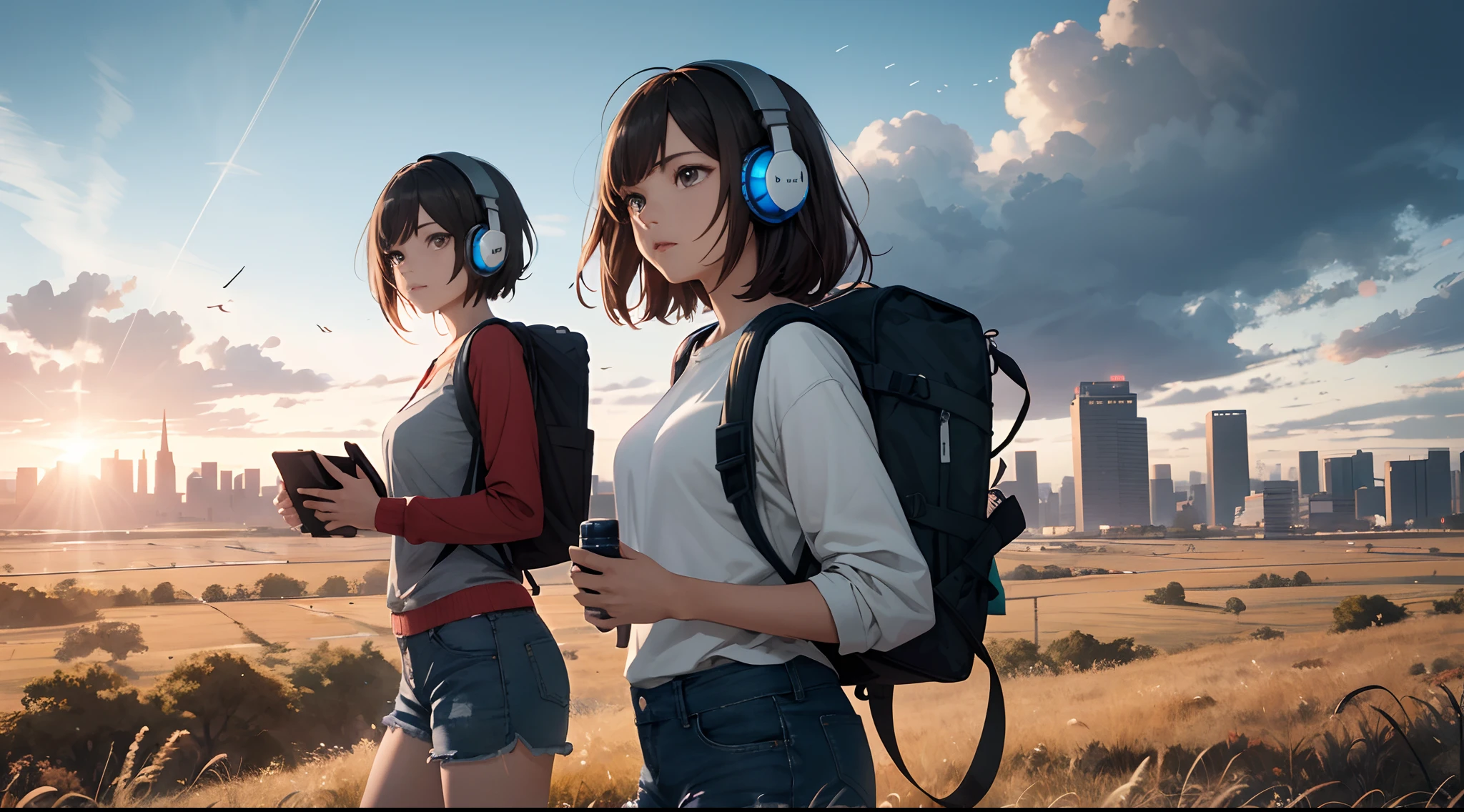 Super Detail, high details, High quality, Best Quality, hight resolution, 1080p, hard disk, 4K, 8K, The vast sky, beautiful skyline, large grasslands, extremely tense and dramatic pictures, moving visual effects, the high-hanging Polaris, and colorful natural light. Long-sleeved top, denim shorts, and a girl with a backpack, gaming headphone,