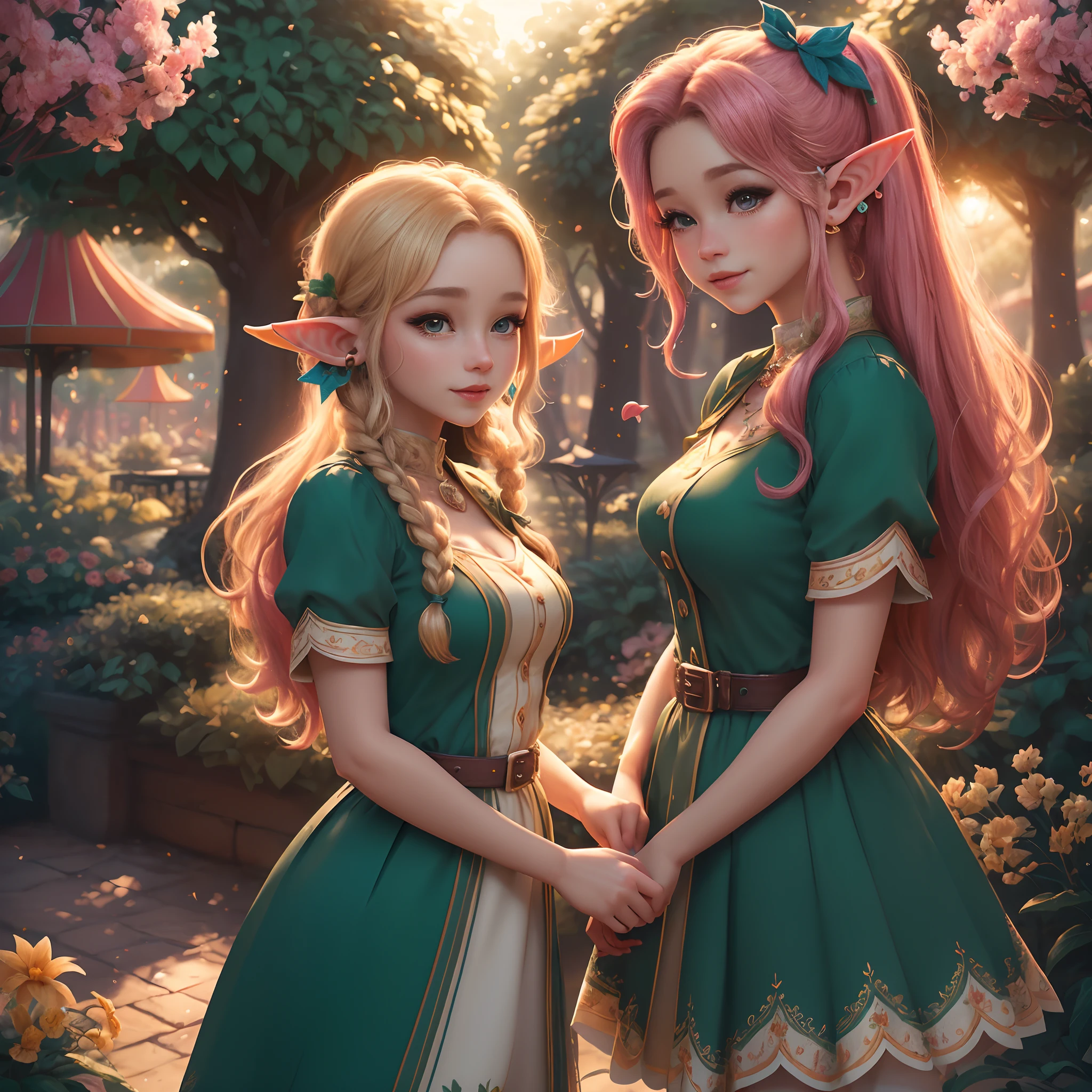 (Best quality, High-res, Ultra-detailed, Extremely detailed:1.2), 4K, 8K, Girl, Long hair, Beautiful, gentle, Lively, dress, pony tails, Vibrant atmosphere, ears of elf, Playful expression, Fantastic core, illustratio (illustration), Vivid colors, Soft lighting，parks，trpical garden，the elf，In the daytime，in the afternoon