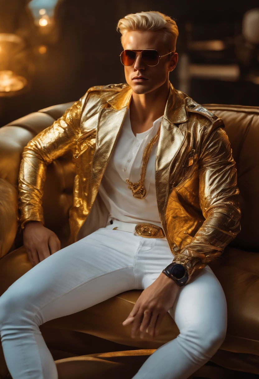 (((Cyberpunk Theme))) (((Muscular Blonde Man))) (((Sitting on luxurious sofa))) (((Golden mechanical arms))) (((Golden sunglasses))) (((Jacket white showing her chest))) (((white jeans)))