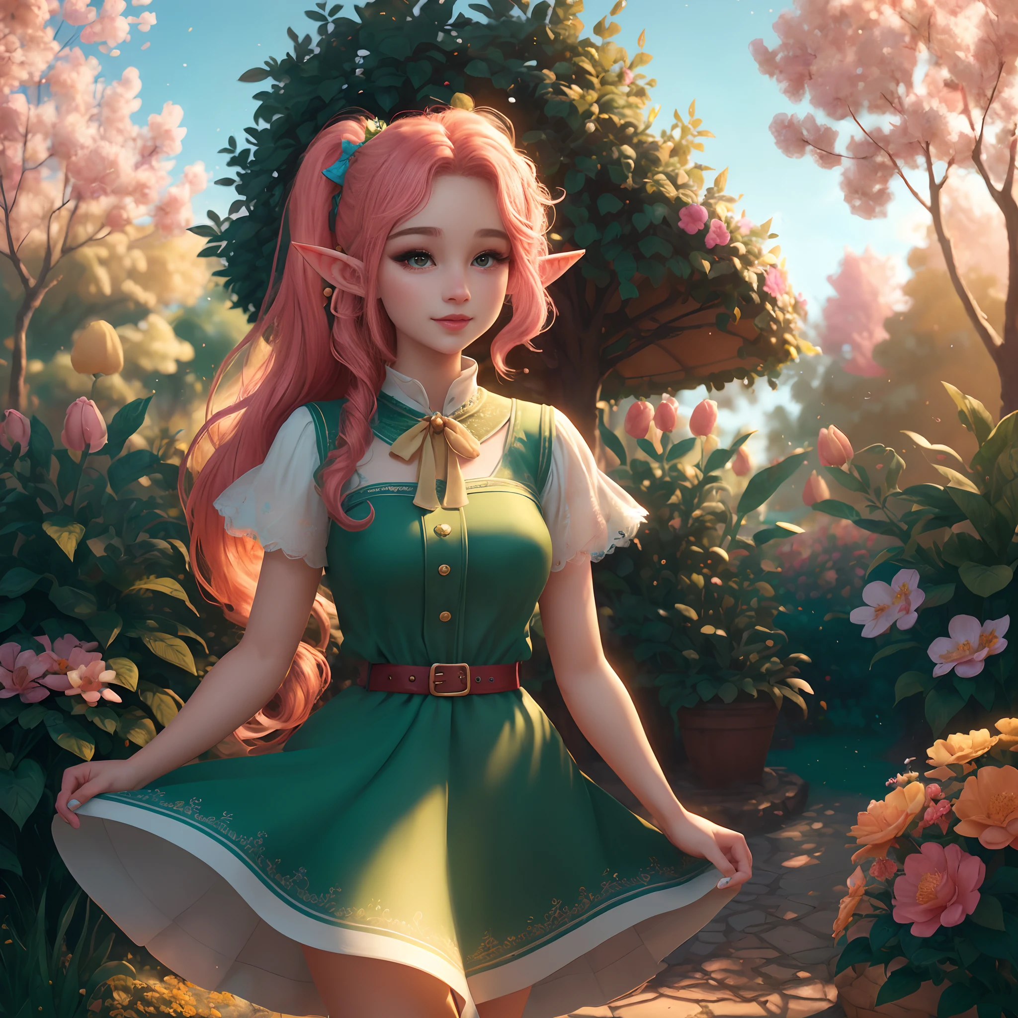 (Best quality, High-res, Ultra-detailed, Extremely detailed:1.2), 4K, 8K, Girl, Long hair, Beautiful, gentle, Lively, dress, pony tails, Vibrant atmosphere, ears of elf, Playful expression, Fantastic core, illustratio (illustration), Vivid colors, Soft lighting，parks，trpical garden，the elf，In the daytime，in the afternoon