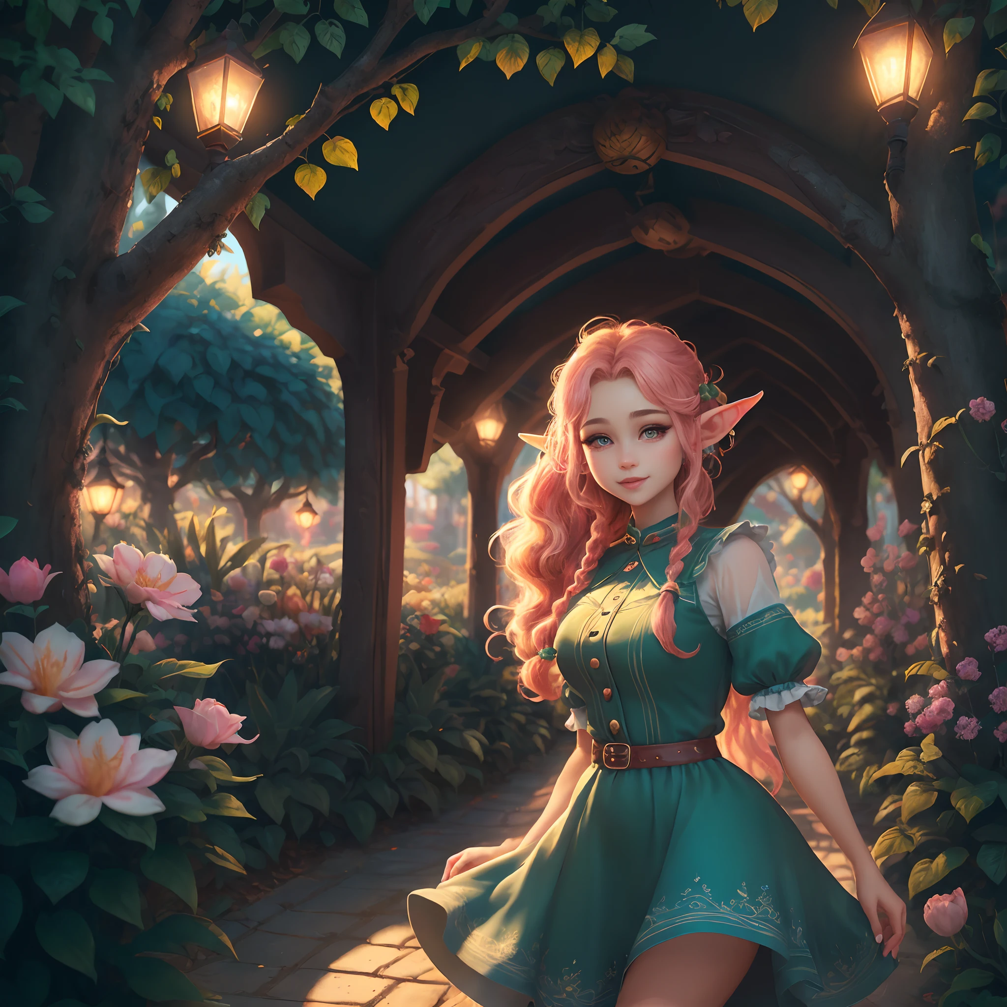 (Best quality, High-res, Ultra-detailed, Extremely detailed:1.2), 4K, 8K, Girl, Long hair, Beautiful, gentle, Lively, dress, pony tails, Vibrant atmosphere, ears of elf, Playful expression, Fantastic core, illustratio (illustration), Vivid colors, Soft lighting，parks，trpical garden，the elf，In the daytime，in the afternoon