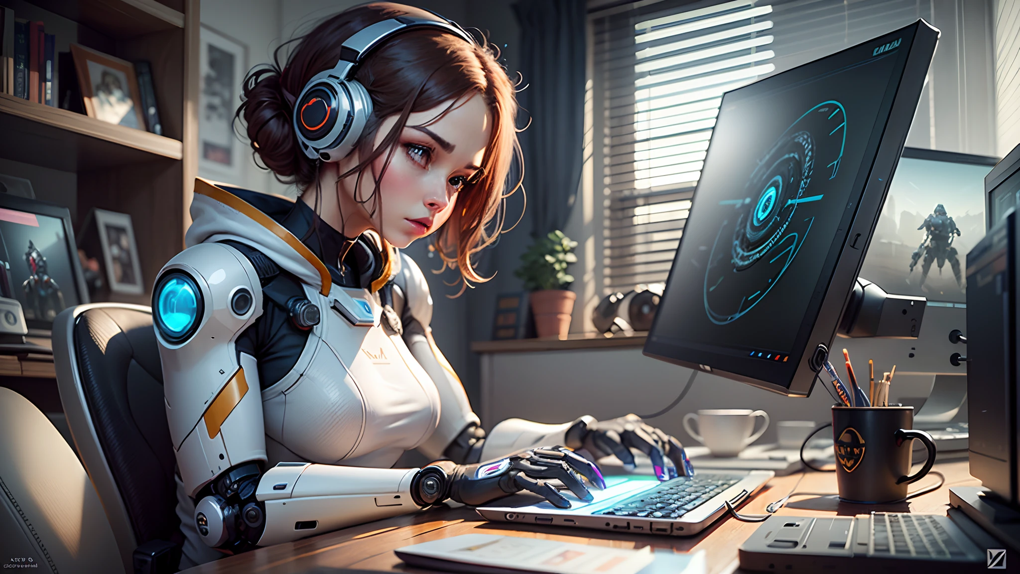 concept art, female robot character playing a video game on the computer, --auto --s2