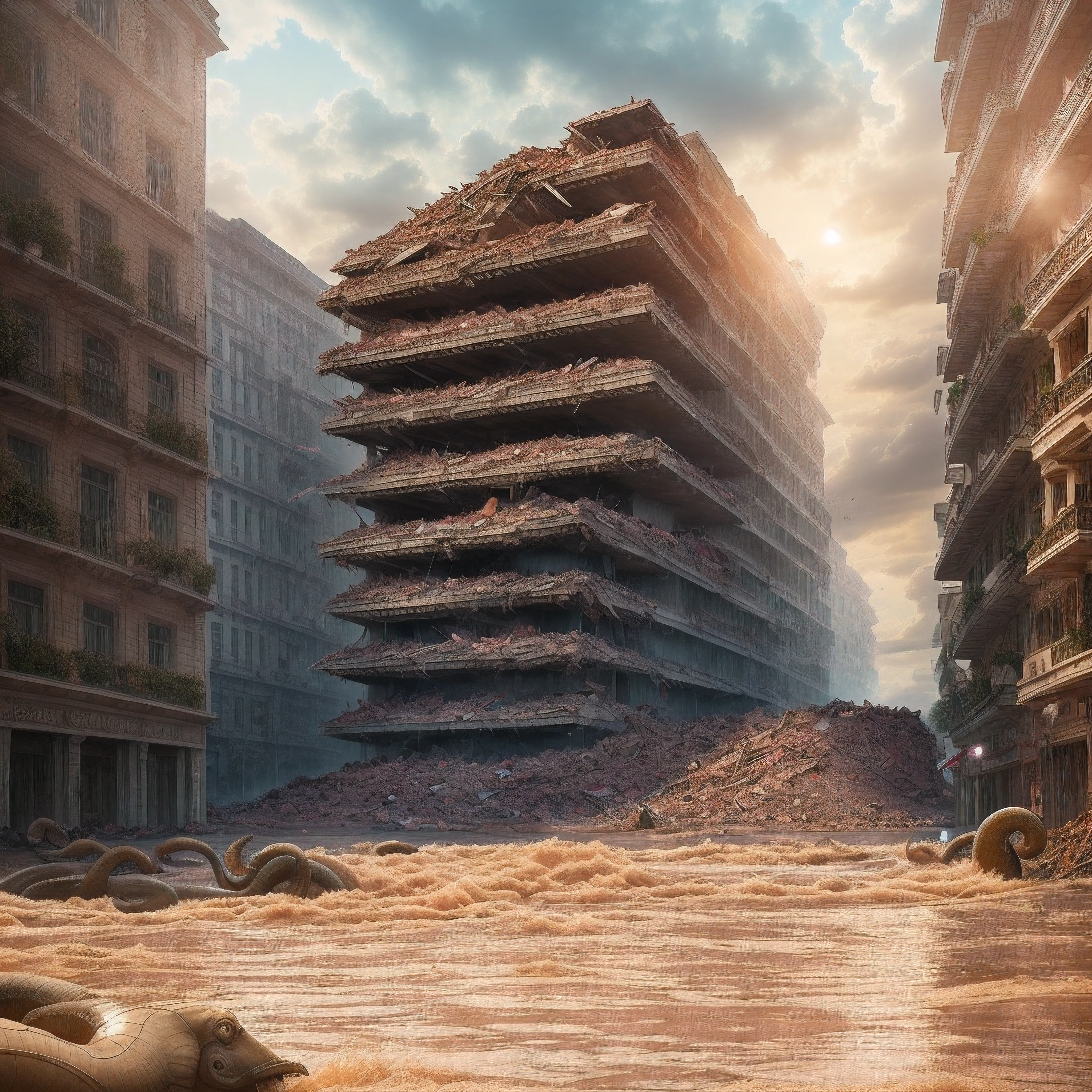 ((bestquality)), ((masterpiece)), ((Realistic)), wide shot, bara, daylight, At eye level, stunning, masterpiece :0.5 (Very detailed: 1.3), full entire body, 10 ,pink dress, broken, Serpent, Serpent, Women , Girls Destroy the City, flood, Building collapse, earthquake, Elephant trunk storm --auto