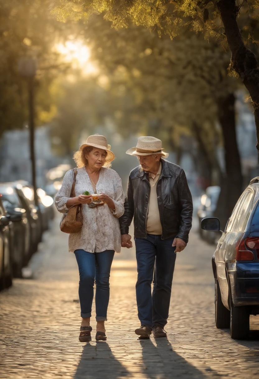 A couple walking without worries, birdwatching, uma brisa leve nos seus cabelos,seu caminho tem pedras,brazi, animais diversos,esta um dia lindo de sol,escutando sua musica mp3,ao seu lado sua esposa,lindissima,muito bem vestida ,With elegance, The two walk quietly because they know that their lives are in order,in his wife's hand a grape ice cream ,is melting because of the pleasant temperature, ela sorri muito feliz, The road where this is golden brick feta, The sun is reflecting on them