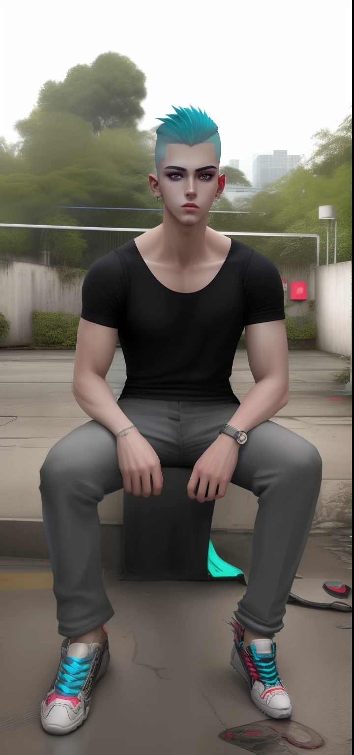 Change background cyberpunk handsome boy ,wite,Casual,Shoes,change,pant
