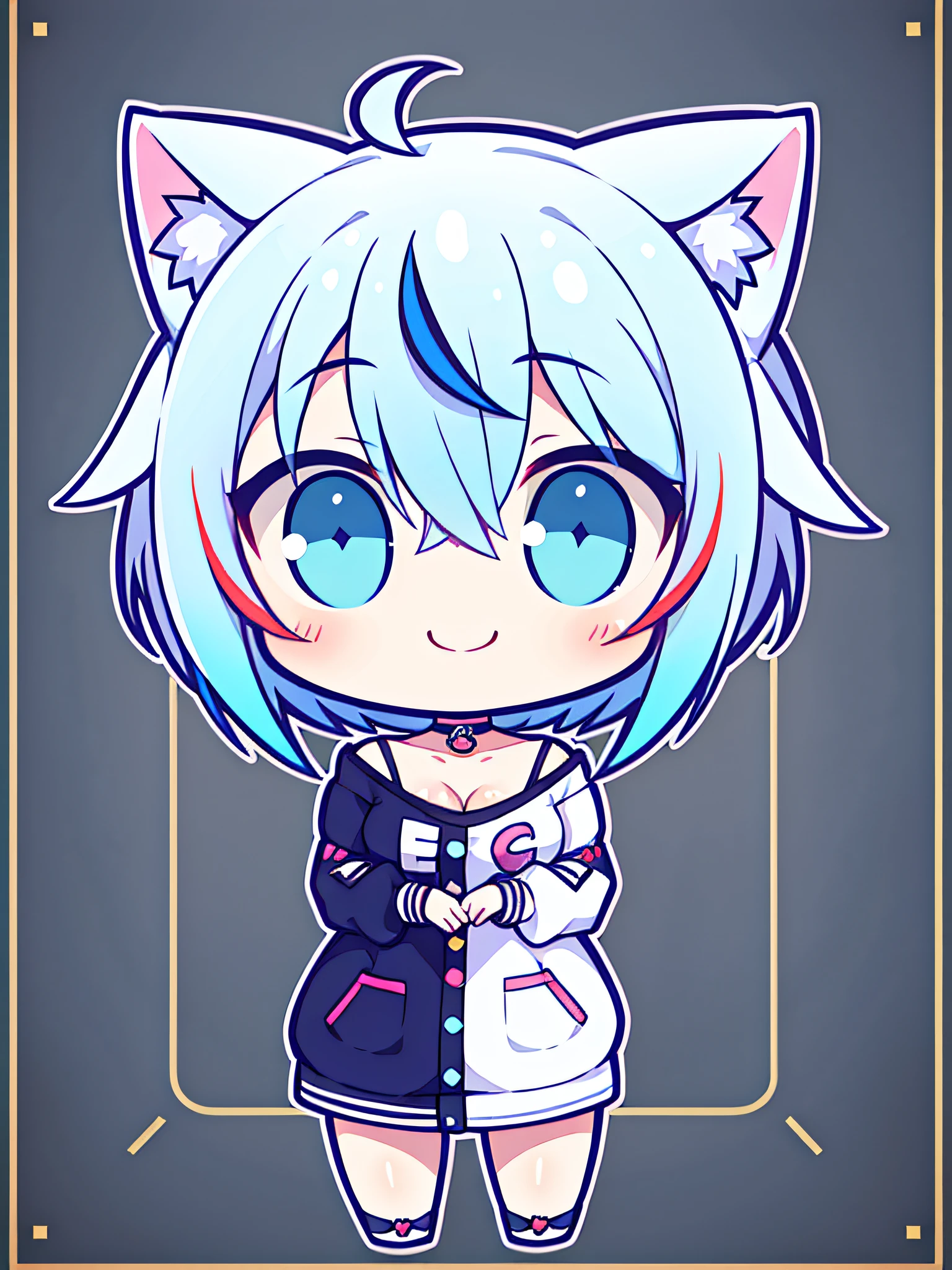 the anime character is fully dressed in casual lounging outfit, 1girl, solo, multicolored pastel hair, blue eyes, virtual youtuber, cat ears, streaked hair, white hair, breasts, smile, short hair, expressive, perfect face, high res, ultrasharp, 8K, masterpiece, looking at viewer, chibi, kawaii, sitting, full body