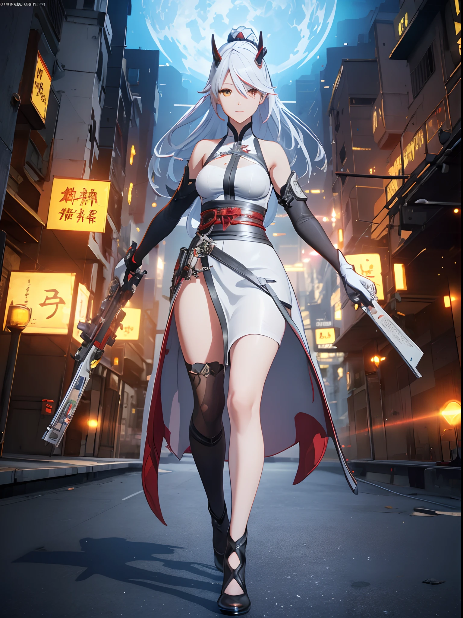 an alone girl with long red color slice gray hair in magazine cover , yellow eye , running, sci-fi china city , night time, High detail mature face, 2 short mechanic horn , iron mask, bare leg, bare shoulder, white china dress, white glove, black boot, high res, ultra sharp, 8k, masterpiece, smiling, 2 arm, 2 leg,10 finger, fantasy world, magical radiance background ((Best quality)), ((masterpiece)), 3D, HDR (High Dynamic Range),Ray Tracing, NVIDIA RTX, Super-Resolution, Unreal 5,Subsurface scattering, PBR Texturing, Post-processing, Anisotropic Filtering, Depth-of-field, Maximum clarity and sharpness, Multi-layered textures, Albedo and Specular maps, Surface shading, Accurate simulation of light-material interaction, Perfect proportions, Octane Render, Two-tone lighting, Wide aperture, Low ISO, White balance, Rule of thirds,8K RAW, Aura, masterpiece, best quality, Mysterious expression, magical effects like sparkles or energy, flowing robes or enchanting attire, mechanic creatures or mystical background, rim lighting, side lighting, cinematic light, ultra high res, 8k uhd, film grain, best shadow, delicate, RAW, light particles, detailed skin texture, detailed cloth texture, beautiful face, (masterpiece), best quality, expressive eyes, perfect face, poster cover, text, magazine cover, bold, attention-grabbing, title, stylish, font, catchy, headline, larger, striking, modern, trendy, focus, fashion,