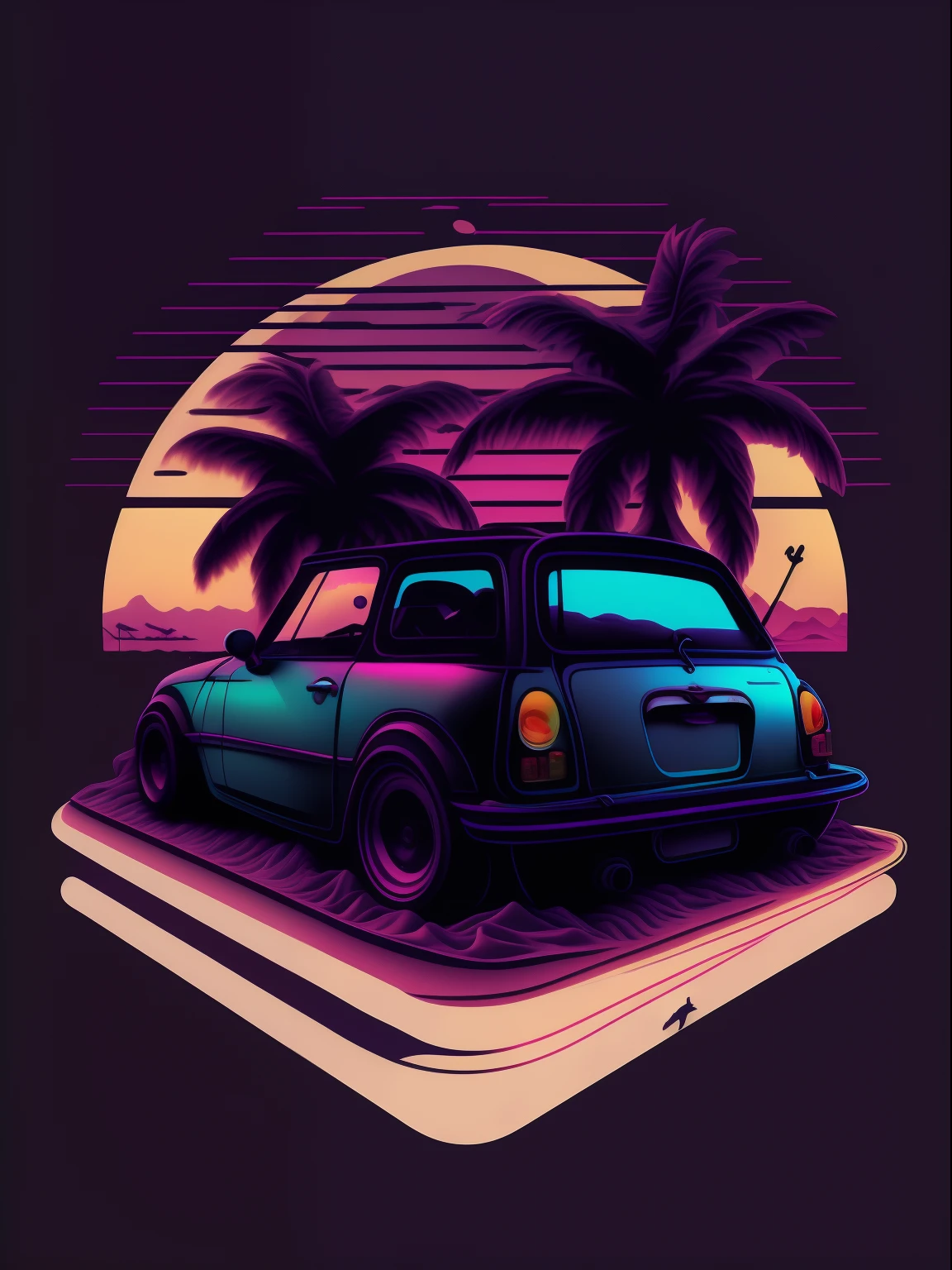 Mini Cooper before sunset, vaporwave style, Neon style, Soft lines, Vector sticker art, Vector core, intricately details, Black T-shirt design, 8K
