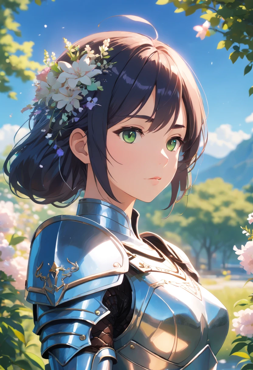 3d animation, (masterpiece, best quality),(extremely intricate:1.3), (realistic), 1girl, milf, caucasian, green eyes, perfect eyes, perfect iris, perfect pupils, perfect lips, perfect nose, perfect hands, very detailed hands, perfect fingers, black hair, short hair, straight hair, bobbles ponytail hair, (medieval armor), metal reflections, (((silver armor))), outdoors, far away castle, (ornately decorated armor), (insanely detailed, bloom:1.5), chainmail, intense sunlight, professional photograph of a stunning woman detailed, sharp focus, award winning, cinematic lighting, blurry background, upper body, ((confident)), (Pose:looking at the camera), shadows, contrast, clear blue sky, constellations, peaceful, serene, quiet, tranquil, remote, secluded, adventurous, exploration, escape, independence, survival, resourcefulness, challenge, perseverance, stamina, endurance, observation, intuition, adaptability, creativity, imagination, artistry, inspiration, beauty, awe, wonder, gratitude, appreciation, relaxation, enjoyment, rejuvenation, mindfulness, awareness, connection, harmony, balance, texture, detail, realism, depth, perspective, composition, color, light, shadow, reflection, refraction, tone, contrast, foreground, middle ground, background, naturalistic, figurative, representational, impressionistic, expressionistic, abstract, innovative, experimental, unique