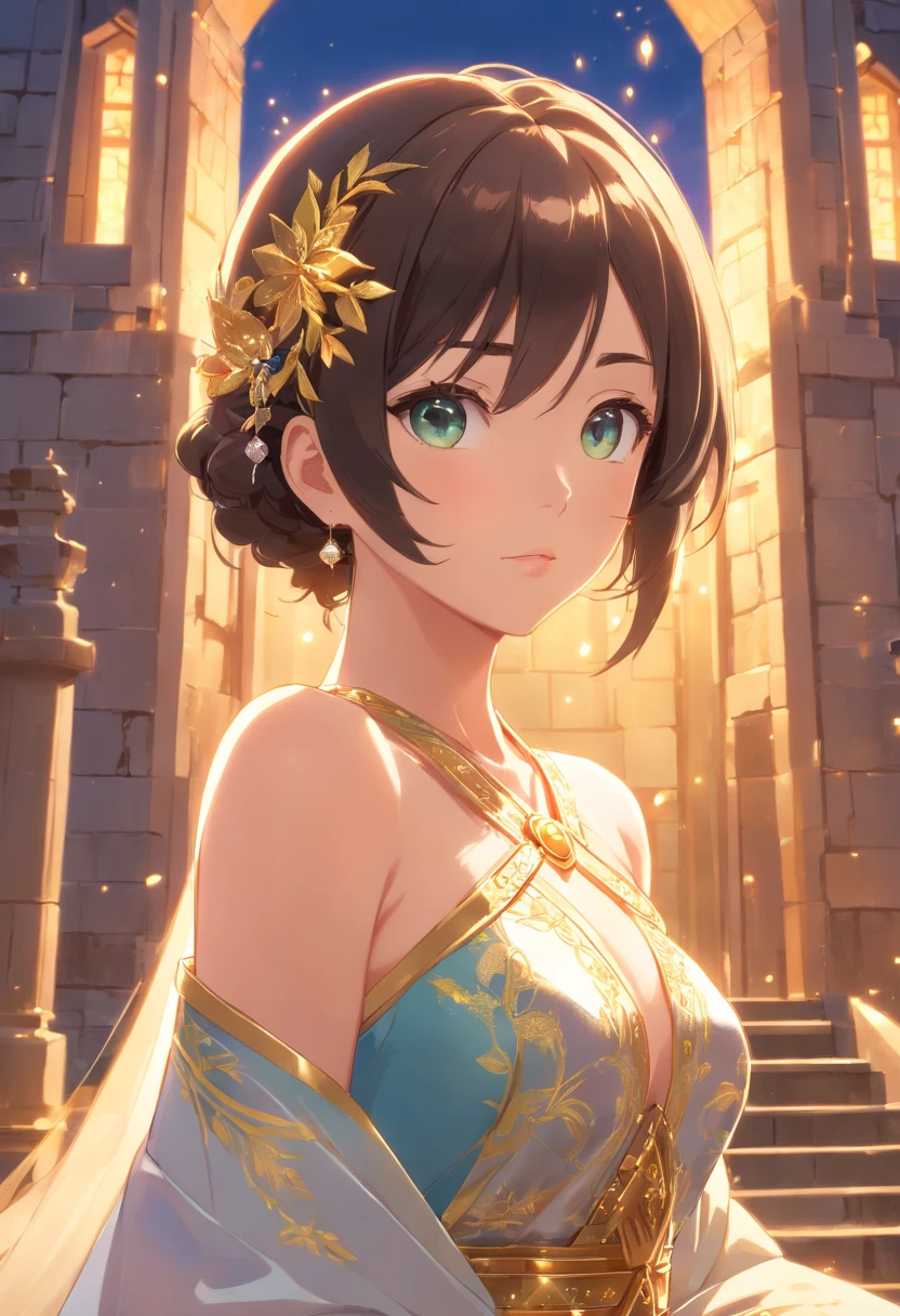 Masterpiece, High quality, 4K, Beautiful design, Shiny, From the front, an award winning photograph, Extremely detailed, Amazing, finedetail, absurderes, Highly detailed woman, Extremely detailed eyes and face, Solo, 1girll, Babe, Glossy, Bigboobs, widow, Sparkling fabric, encrusted with jewels, Visible abdomen , Woman wearing wife, Pose inside a castle with oriental architecture, gold embroidery,