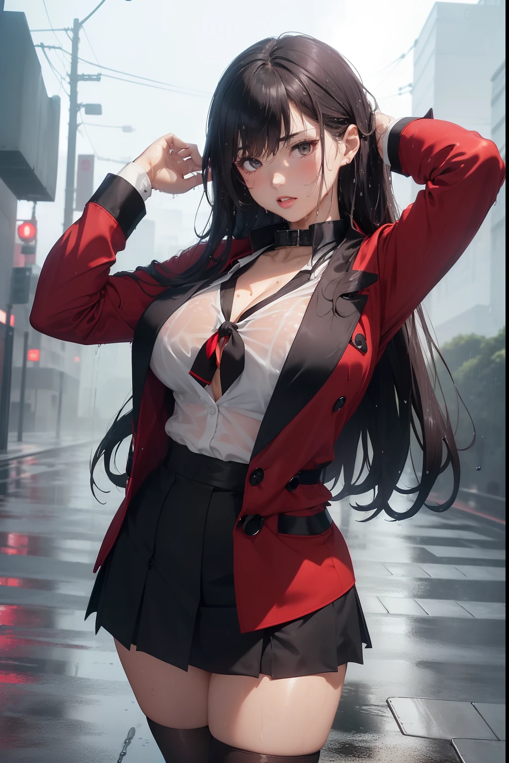 (masterpiece, best quality, ultra-detailed, 8k, wallpaper, photorealistic), (medium shot), seductive girl, voluptuous body, perfect hands, perfect anatomy, large cleavage, ((anime girl as Yumeko Jabami)), ((wears the standard uniform issued to female students at Hyakkaou Private Academy)), ((a wet red blazer with black trim lining the cuffs and collar:1.5)), ((wet white see-through button-up dress shirt and black tie)), ((a wet black and grey checkered mini skirt, black tights, and brown loafers)), ((has long wet brown hair that reaches past her shoulders, her hair is usually styled in a straight and sleek manner, adding to her overall elegant appearance)), ((wears a silver ring on her left thumb)), ((standing while one hand on his head and one hand on her waist)), ((dynamic background)), ((wet skin)), wet pavement, rainy weather